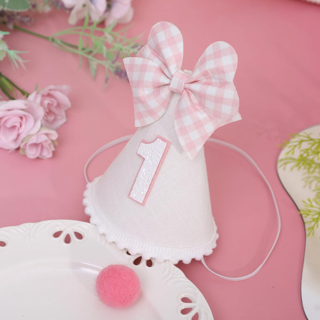 Pink Bow 1st Birthday Hat for Girls - Pink and White Theme First Brithday Decorations, Sweet One Theme Party Hat, Baby Girl Bday Decor (1st birthday hat)