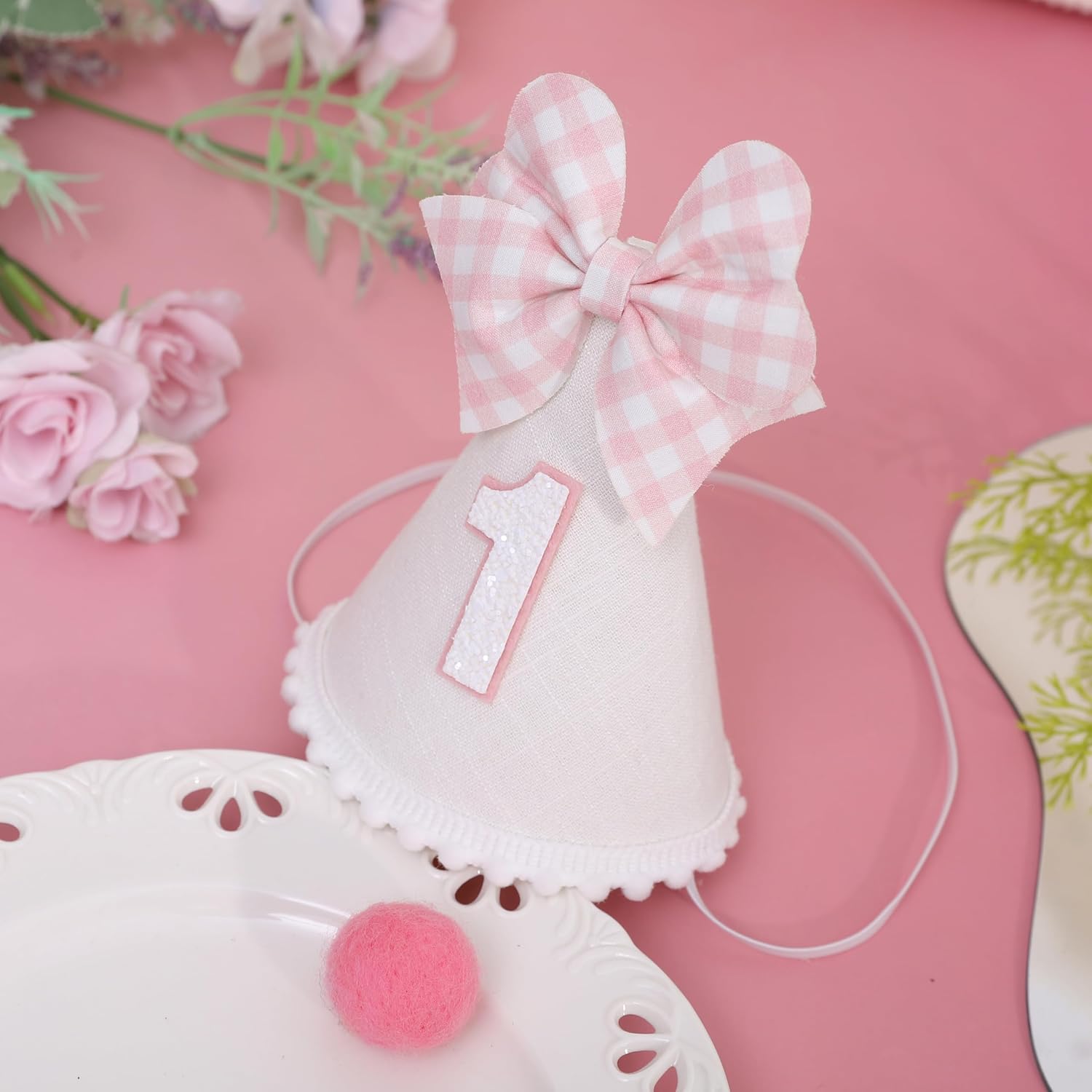 Pink Bow 1st Birthday Hat for Girls - Pink and White Theme First Brithday Decorations, Sweet One Theme Party Hat, Baby Girl Bday Decor (1st birthday hat)