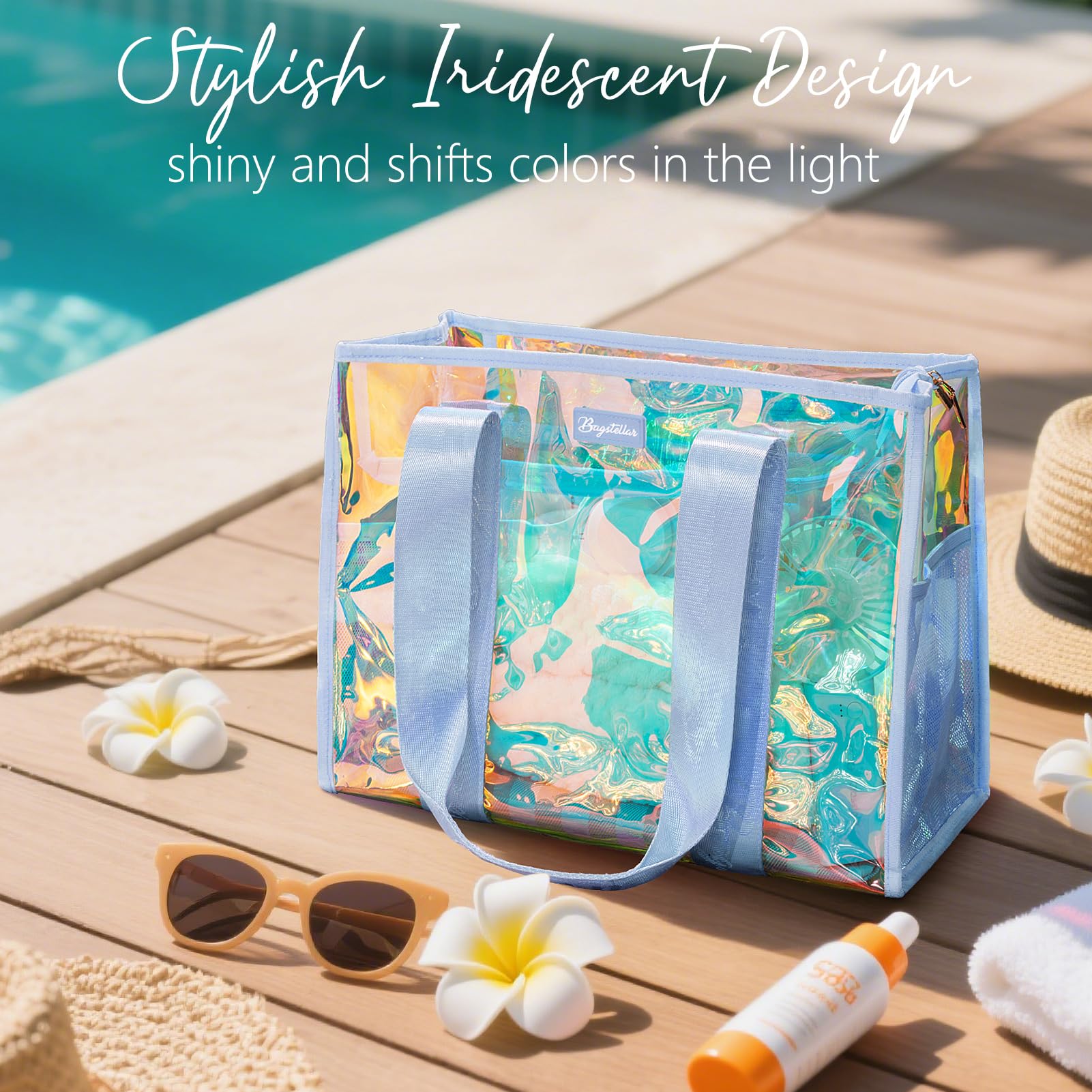 Bagstellar Iridescent Beach Tote Bags for Women, Large Zipper Beach Pool Swim Bag with Makeup Bag & Waterproof Phone Pouch | Waterproof Sandproof