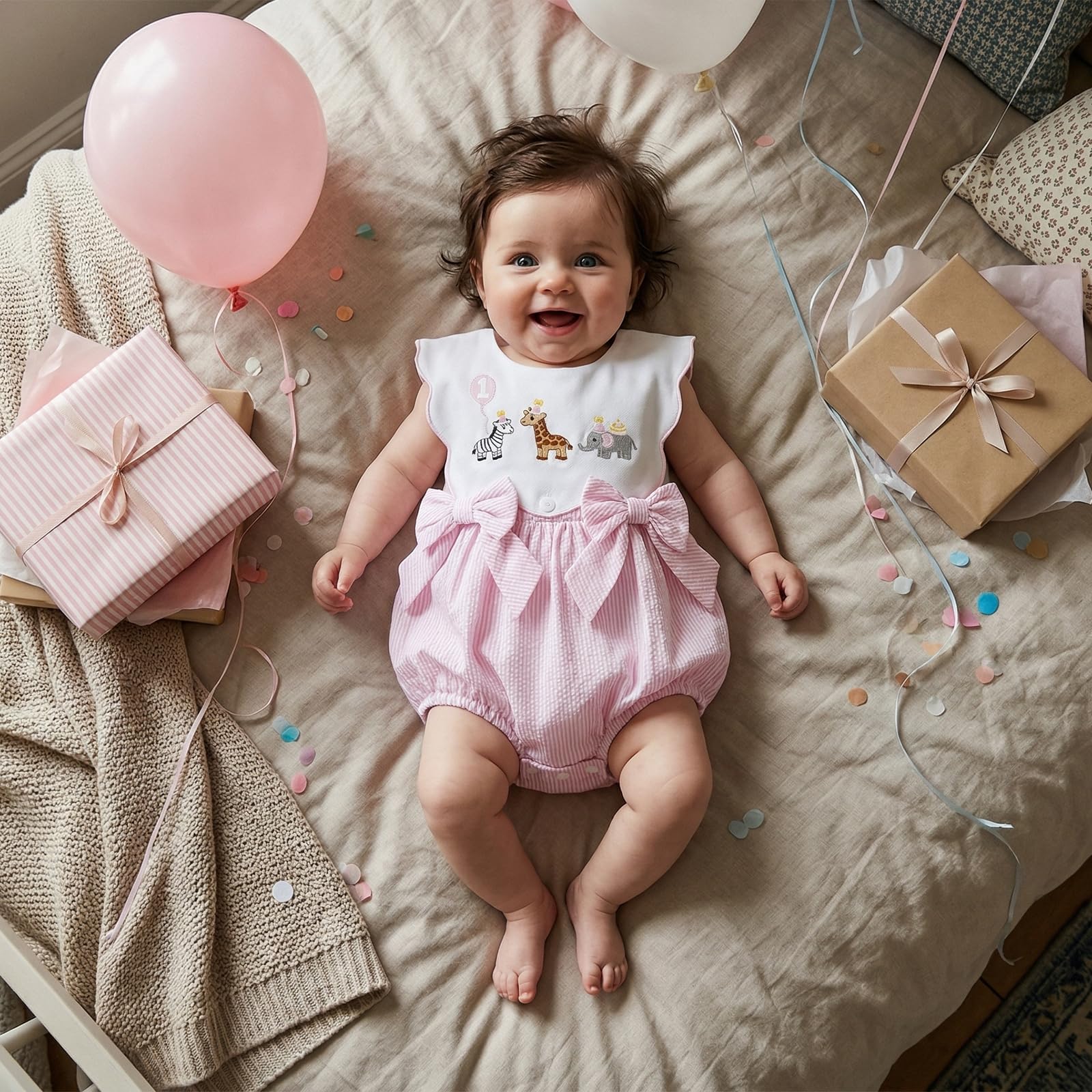 Toddler Baby Girl Birthday Outfit One Cake/Ice Cream/Animal Embroidery Romper Bow Stripe Bodysuit Cake Smash Outfit