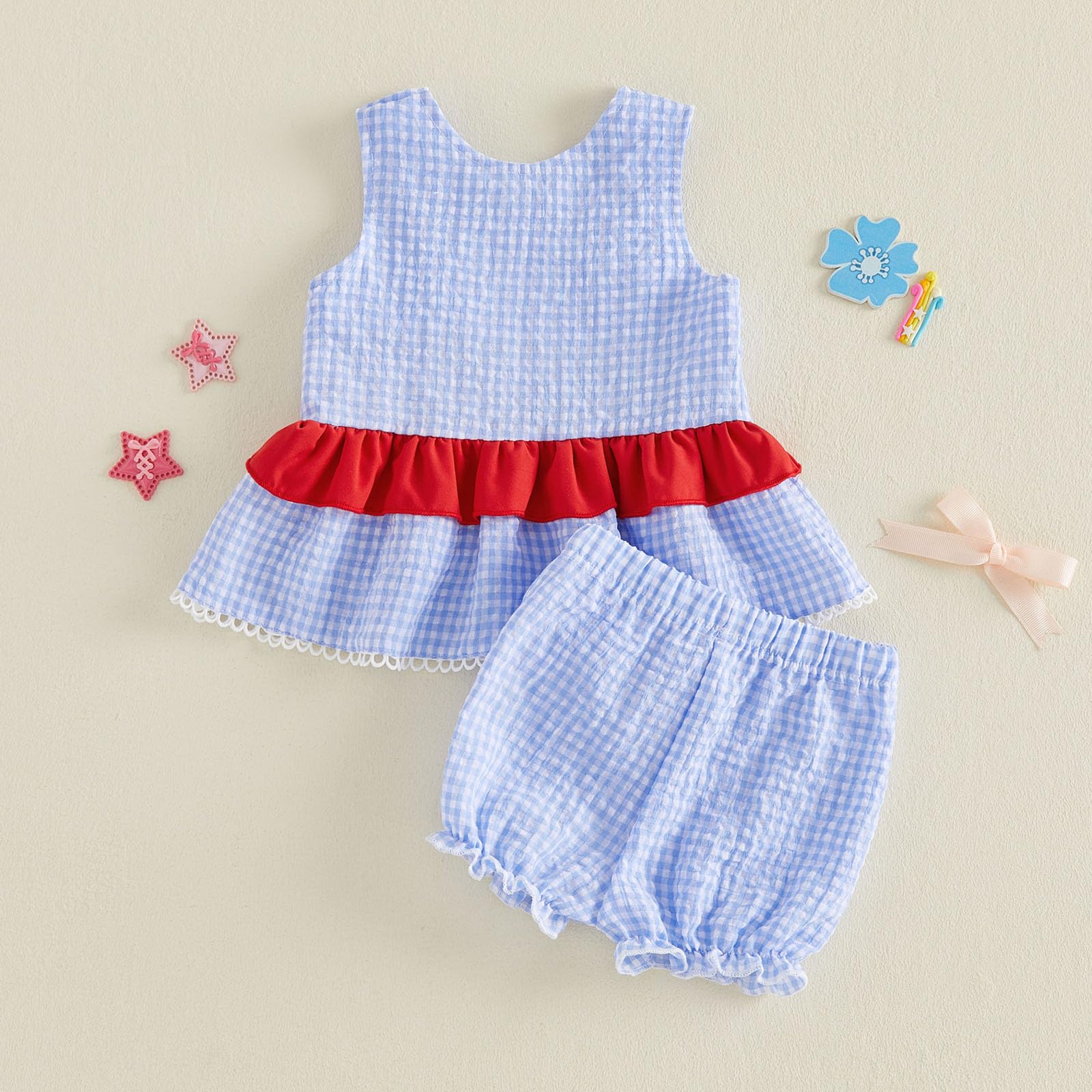 Seyurigaoka Baby Girl Summer Clothes Ruffle Collar Sleeveless Top Striped Shorts Sets Toddler Outfits 3 6 12 18 24 Months