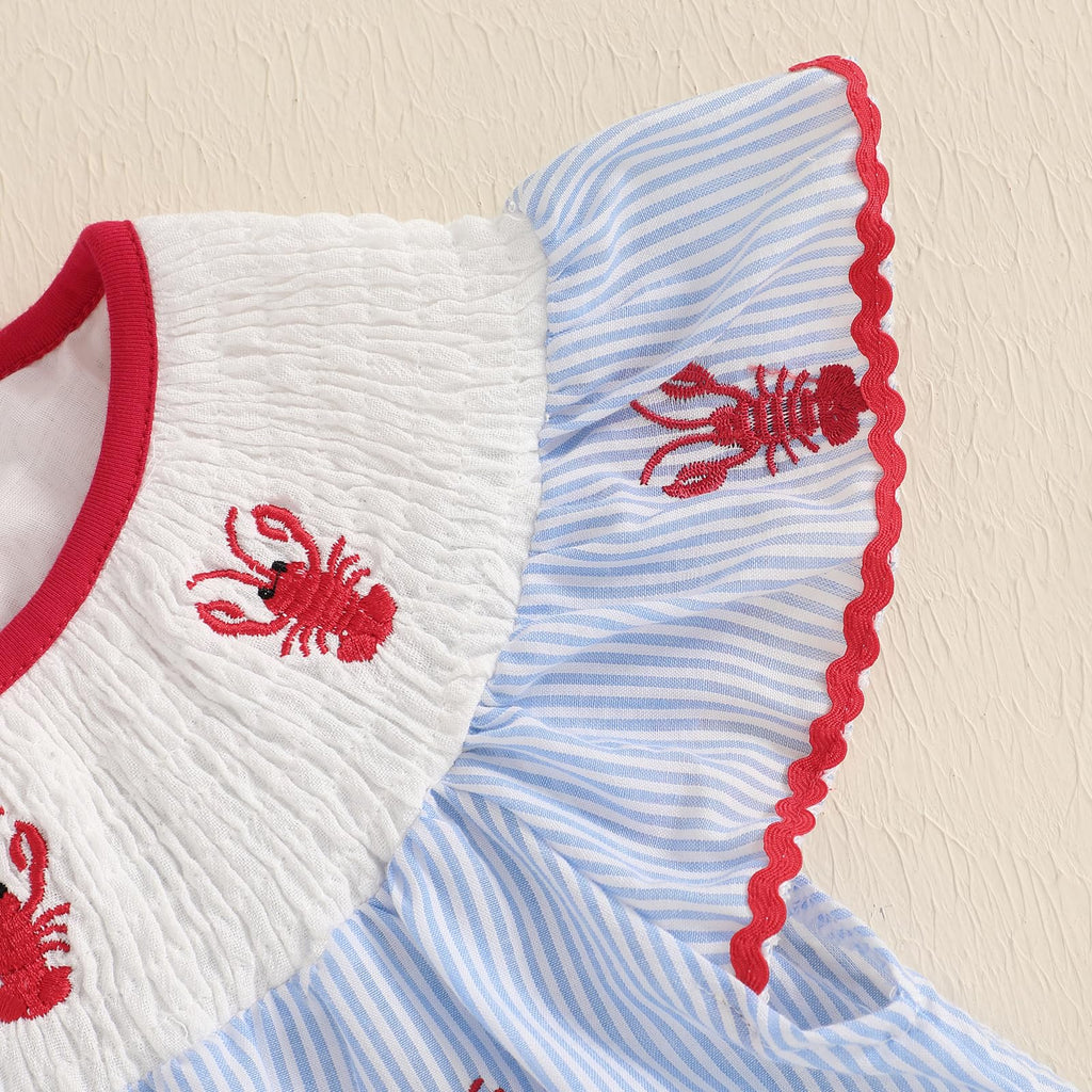 Toddler Baby Girl Crawfish Smocked Ruffle Short Sleeve Dress Lobster Plaid Princess Dresses Summer Outfits