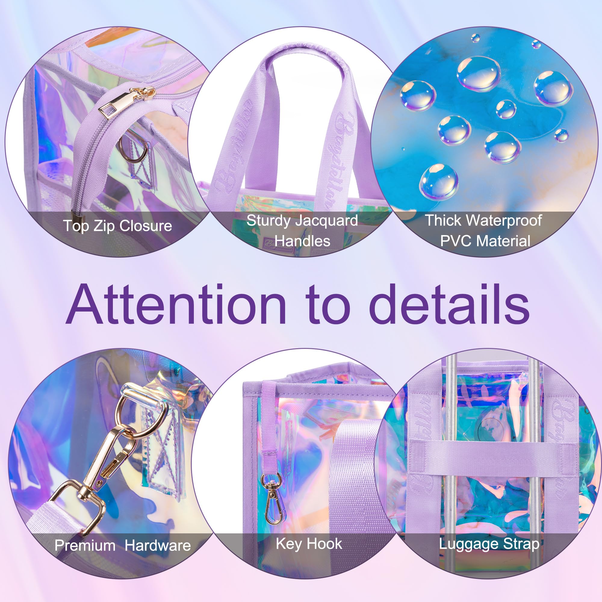 Bagstellar Iridescent Beach Tote Bags for Women, Large Zipper Beach Pool Swim Bag with Makeup Bag & Waterproof Phone Pouch | Waterproof Sandproof