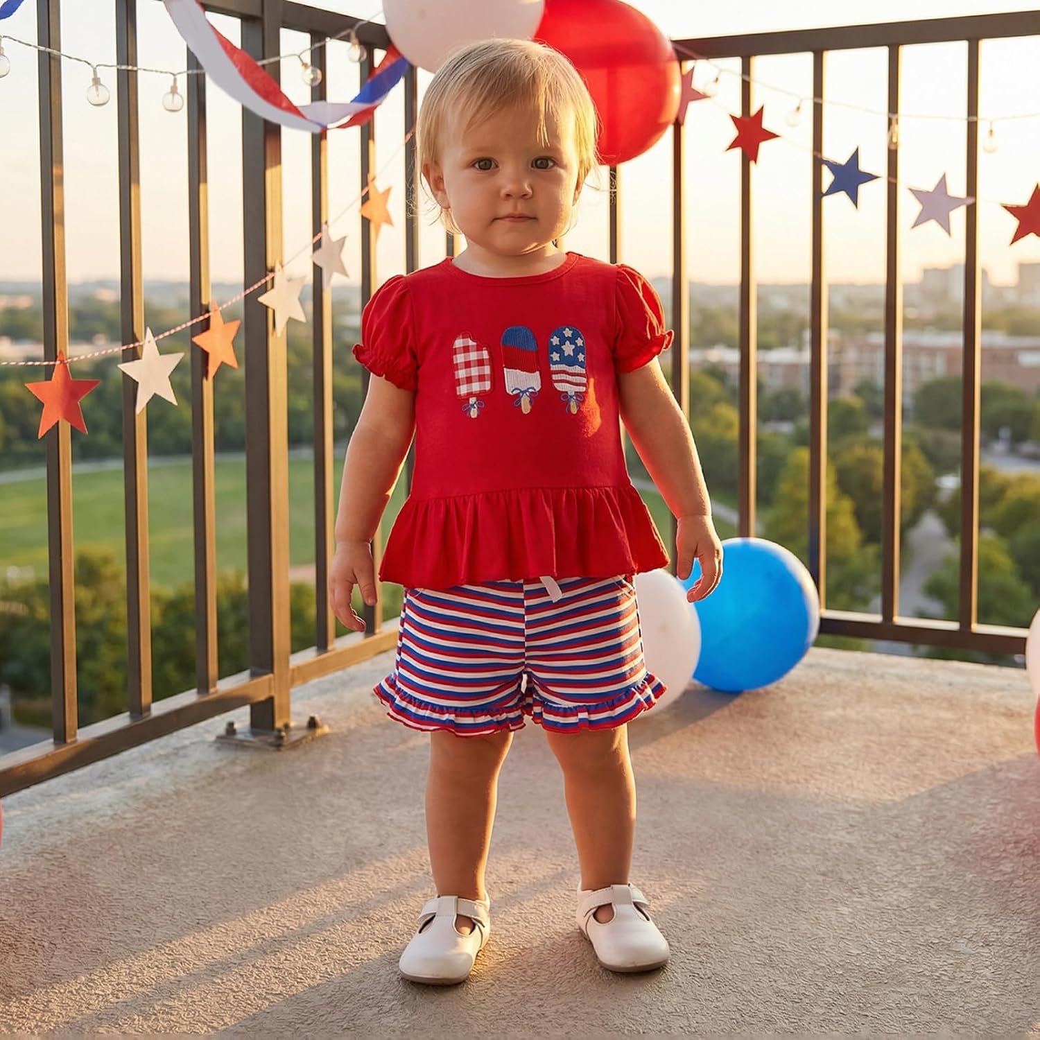 Karuedoo Toddler Baby Girl 4th of July Outfit Popsicle Embroidery Puff Sleeve Ruffle T Shirt Tops Plaid Shorts Set