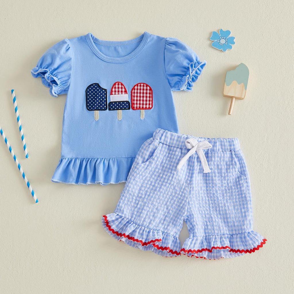 Karuedoo Toddler Baby Girl 4th of July Outfit Popsicle Embroidery Puff Sleeve Ruffle T Shirt Tops Plaid Shorts Set