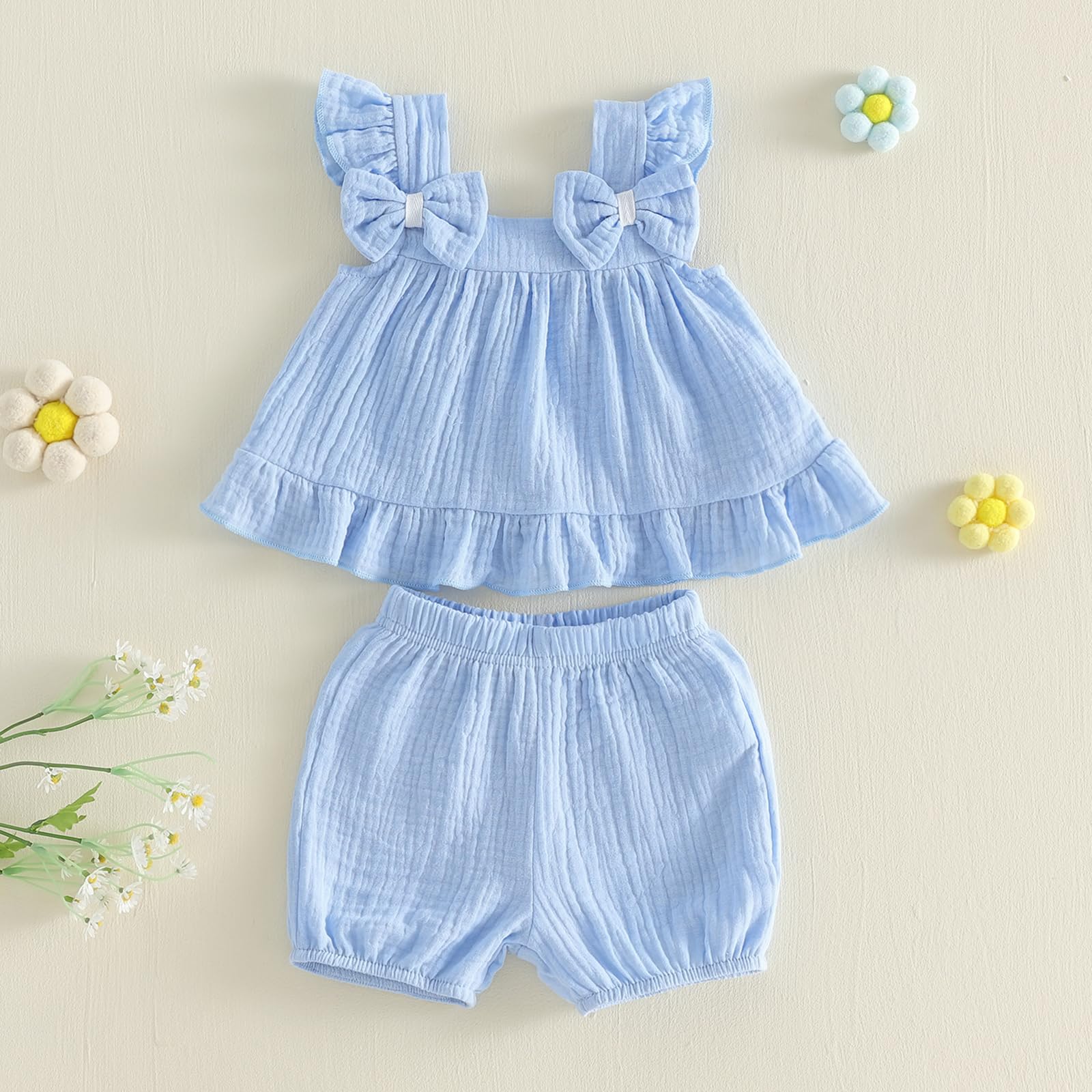 Seyurigaoka Baby Girl Summer Clothes Ruffle Collar Sleeveless Top Striped Shorts Sets Toddler Outfits 3 6 12 18 24 Months