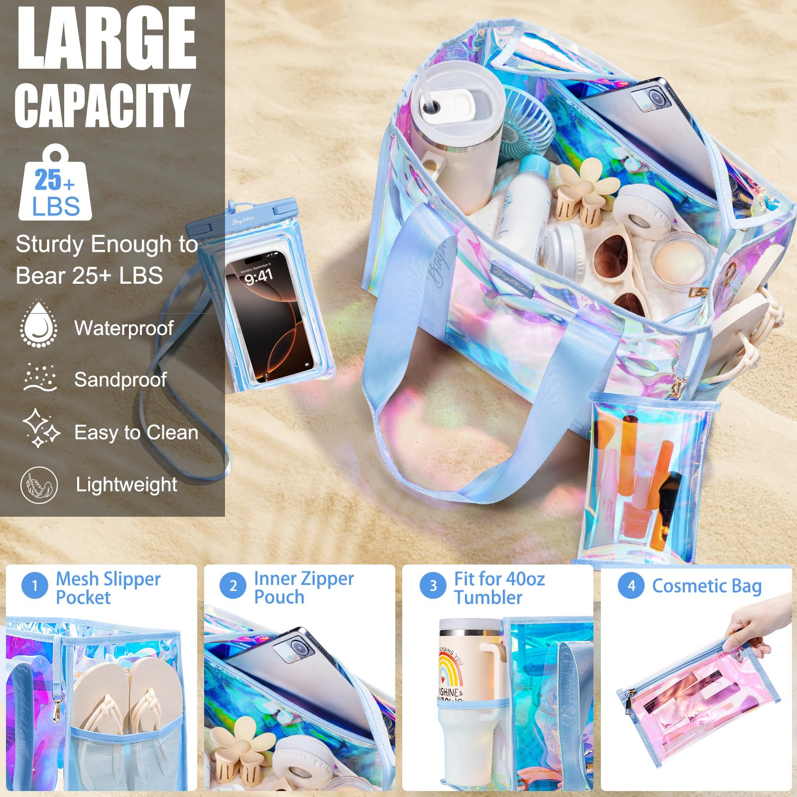 Bagstellar Iridescent Beach Tote Bags for Women, Large Zipper Beach Pool Swim Bag with Makeup Bag & Waterproof Phone Pouch | Waterproof Sandproof