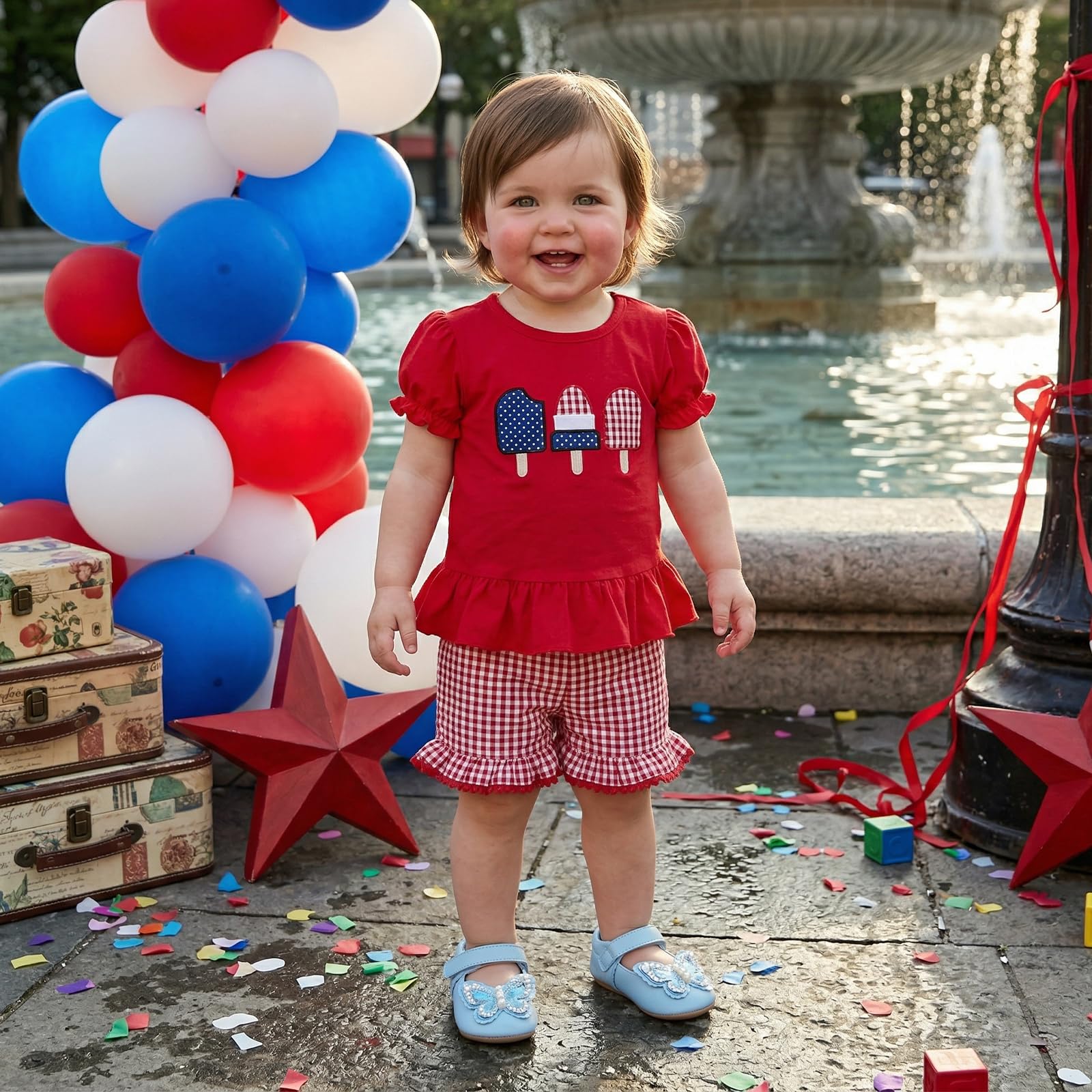 Karuedoo Toddler Baby Girl 4th of July Outfit Popsicle Embroidery Puff Sleeve Ruffle T Shirt Tops Plaid Shorts Set