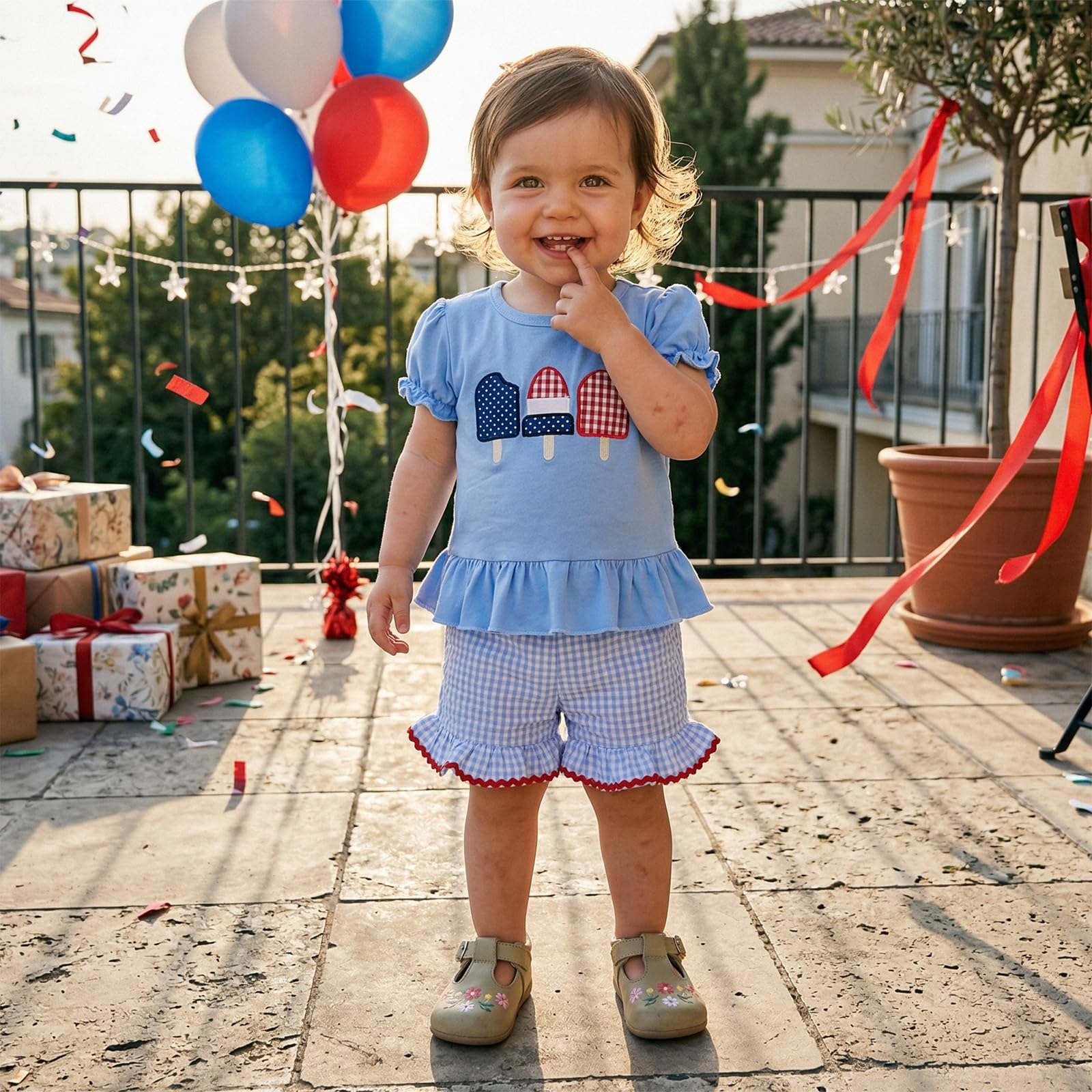 Karuedoo Toddler Baby Girl 4th of July Outfit Popsicle Embroidery Puff Sleeve Ruffle T Shirt Tops Plaid Shorts Set