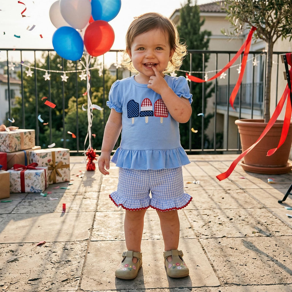 Karuedoo Toddler Baby Girl 4th of July Outfit Popsicle Embroidery Puff Sleeve Ruffle T Shirt Tops Plaid Shorts Set