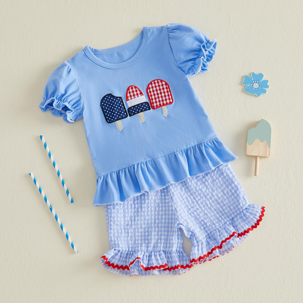 Karuedoo Toddler Baby Girl 4th of July Outfit Popsicle Embroidery Puff Sleeve Ruffle T Shirt Tops Plaid Shorts Set