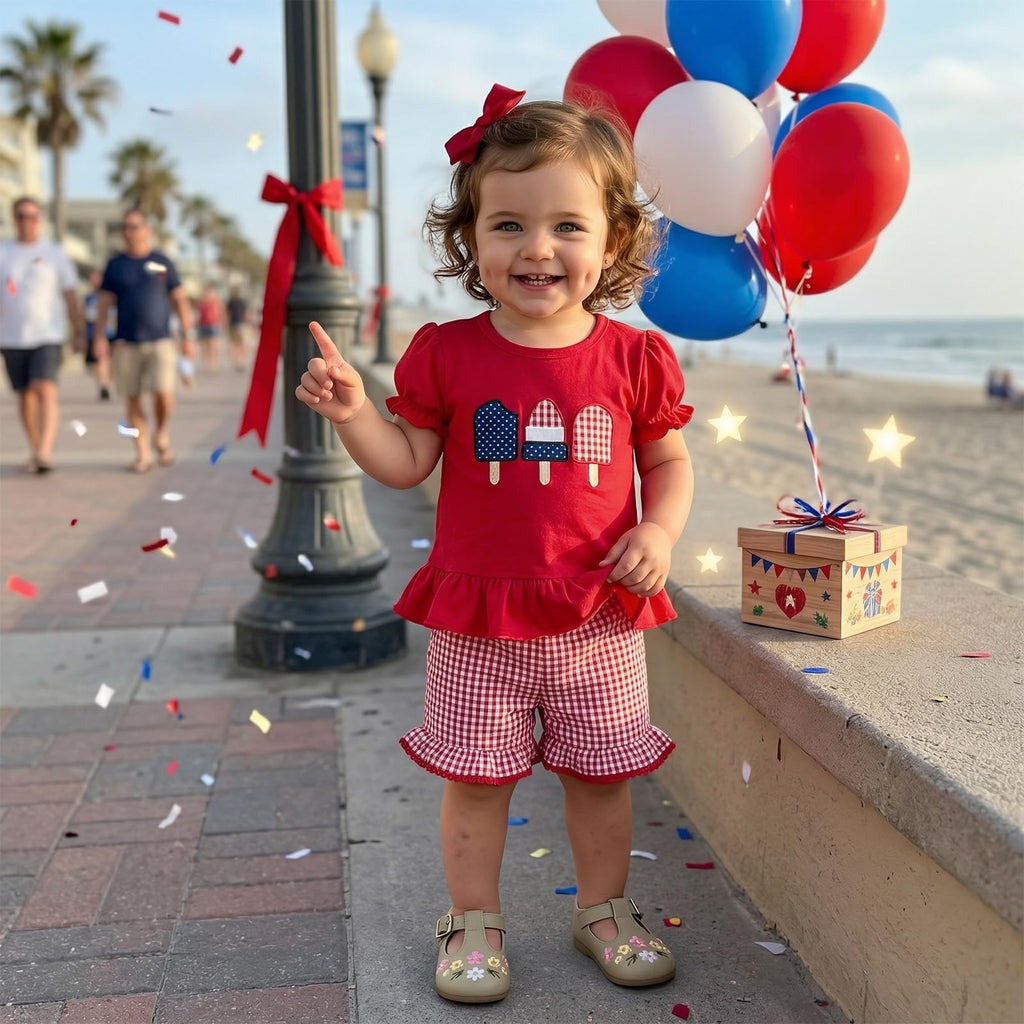 Karuedoo Toddler Baby Girl 4th of July Outfit Popsicle Embroidery Puff Sleeve Ruffle T Shirt Tops Plaid Shorts Set