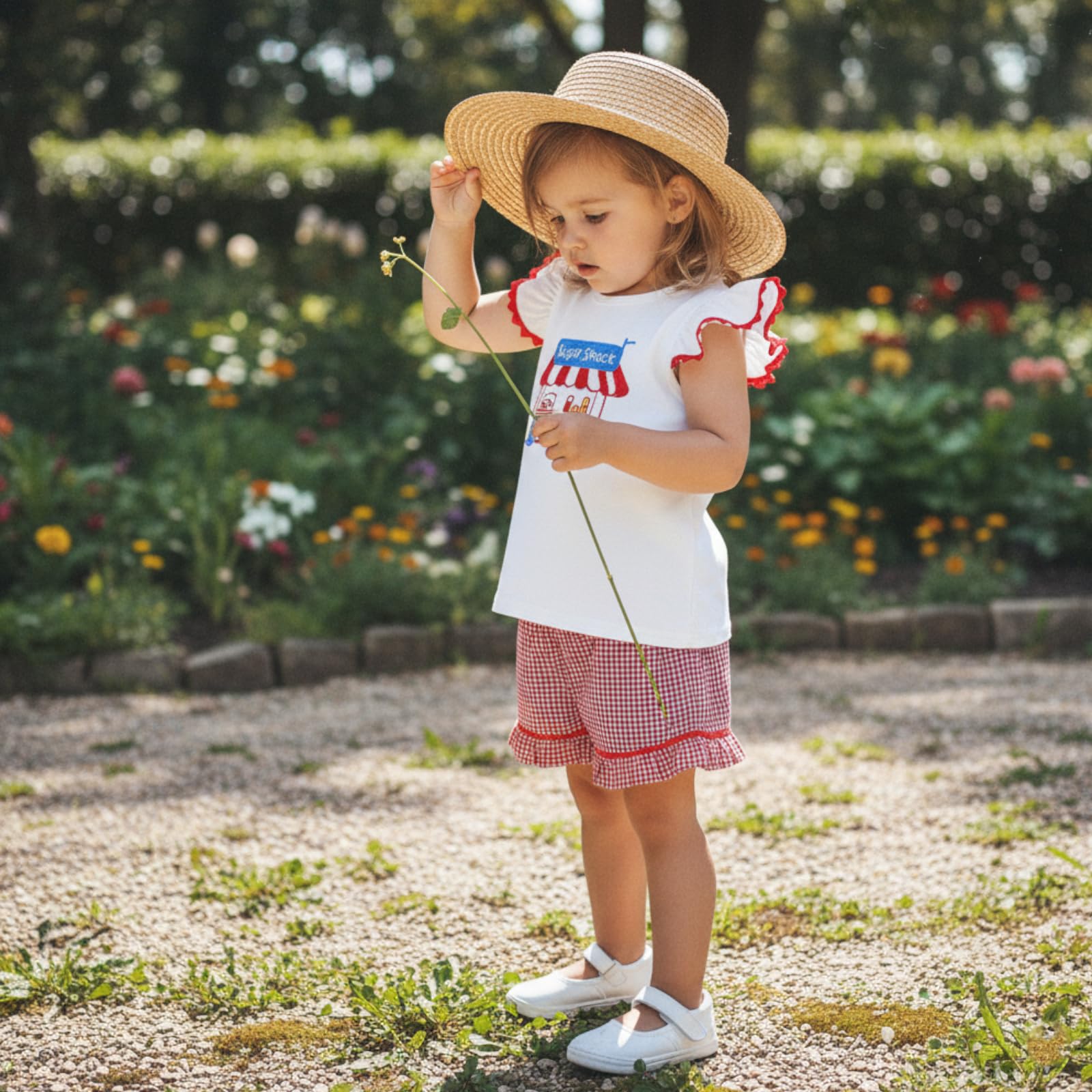 Toddler Baby Girl Outfit Summer Fly Sleeve Dessert House/Floral Embroidery T-shirt Top Shorts Pants 2PCS Clothes Set