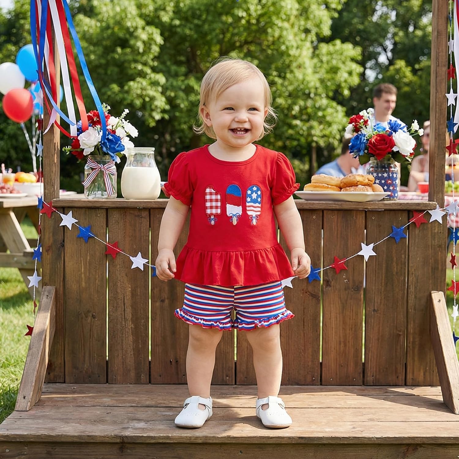 Karuedoo Toddler Baby Girl 4th of July Outfit Popsicle Embroidery Puff Sleeve Ruffle T Shirt Tops Plaid Shorts Set