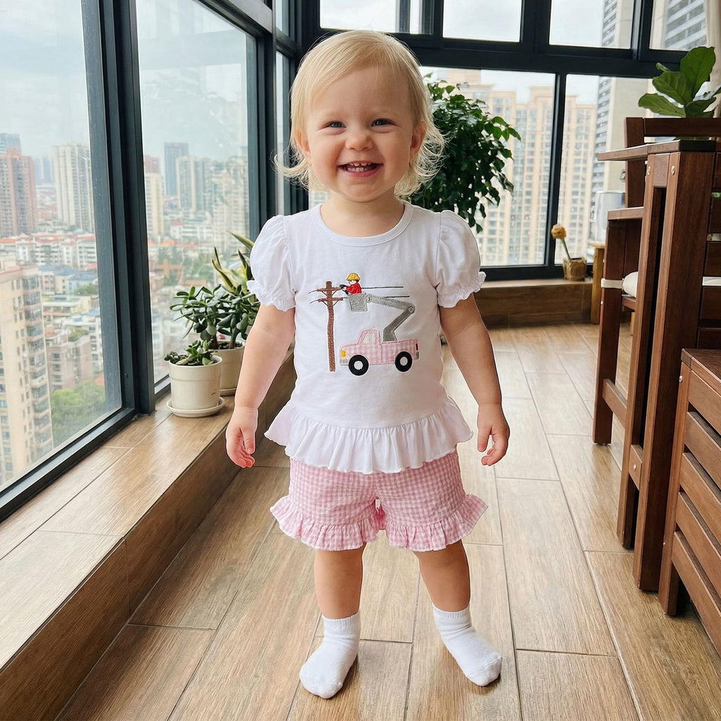 Bagilaanoe Toddler Baby Girl Puff Short Sleeve T-Shirt+ Plaid Shorts Castle/Lineworker Embroidery Clothes 2PCS Outfit Set