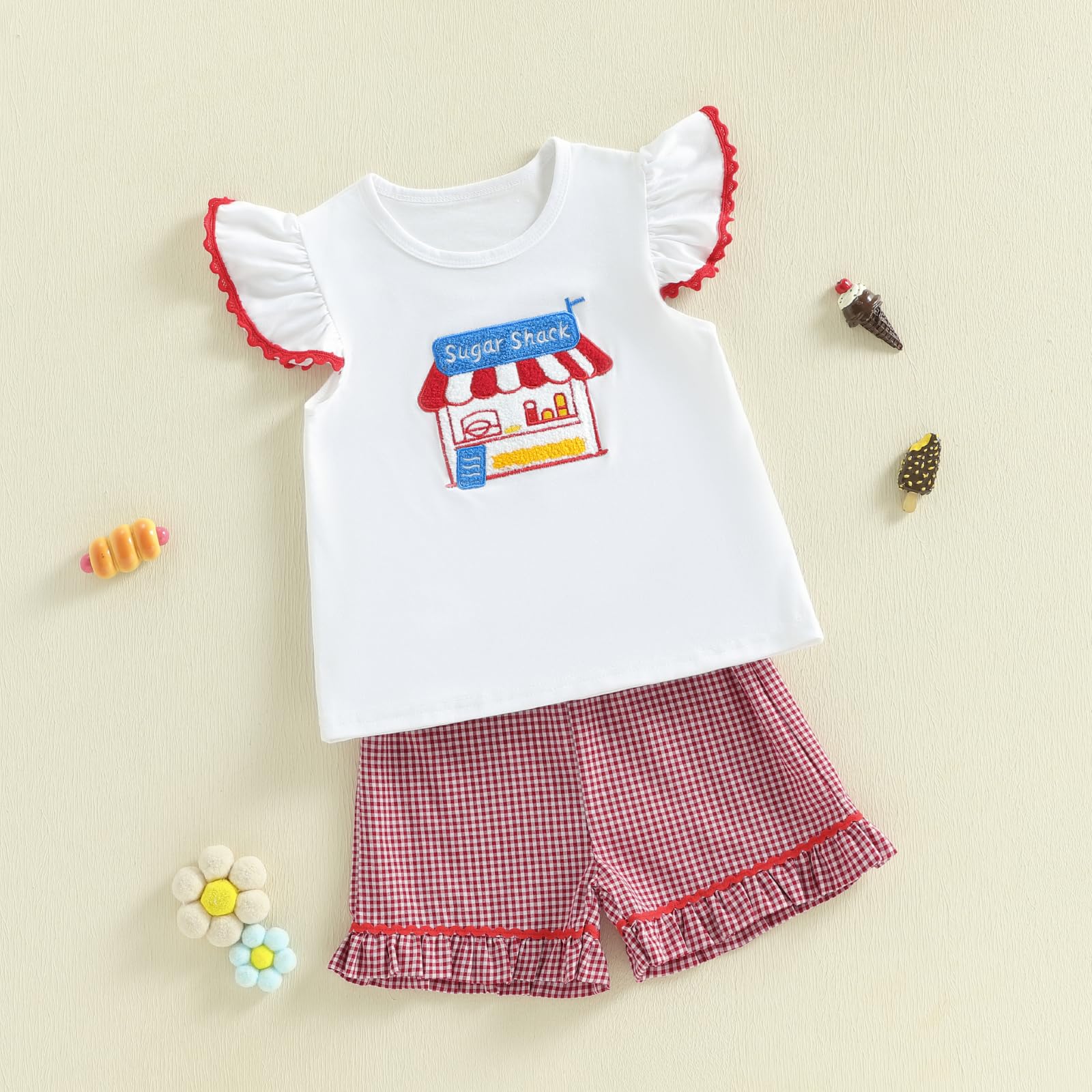 Toddler Baby Girl Outfit Summer Fly Sleeve Dessert House/Floral Embroidery T-shirt Top Shorts Pants 2PCS Clothes Set