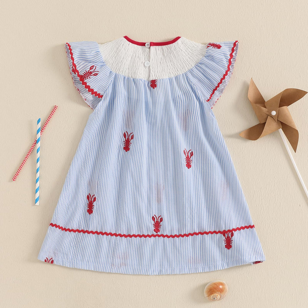 Toddler Baby Girl Crawfish Smocked Ruffle Short Sleeve Dress Lobster Plaid Princess Dresses Summer Outfits