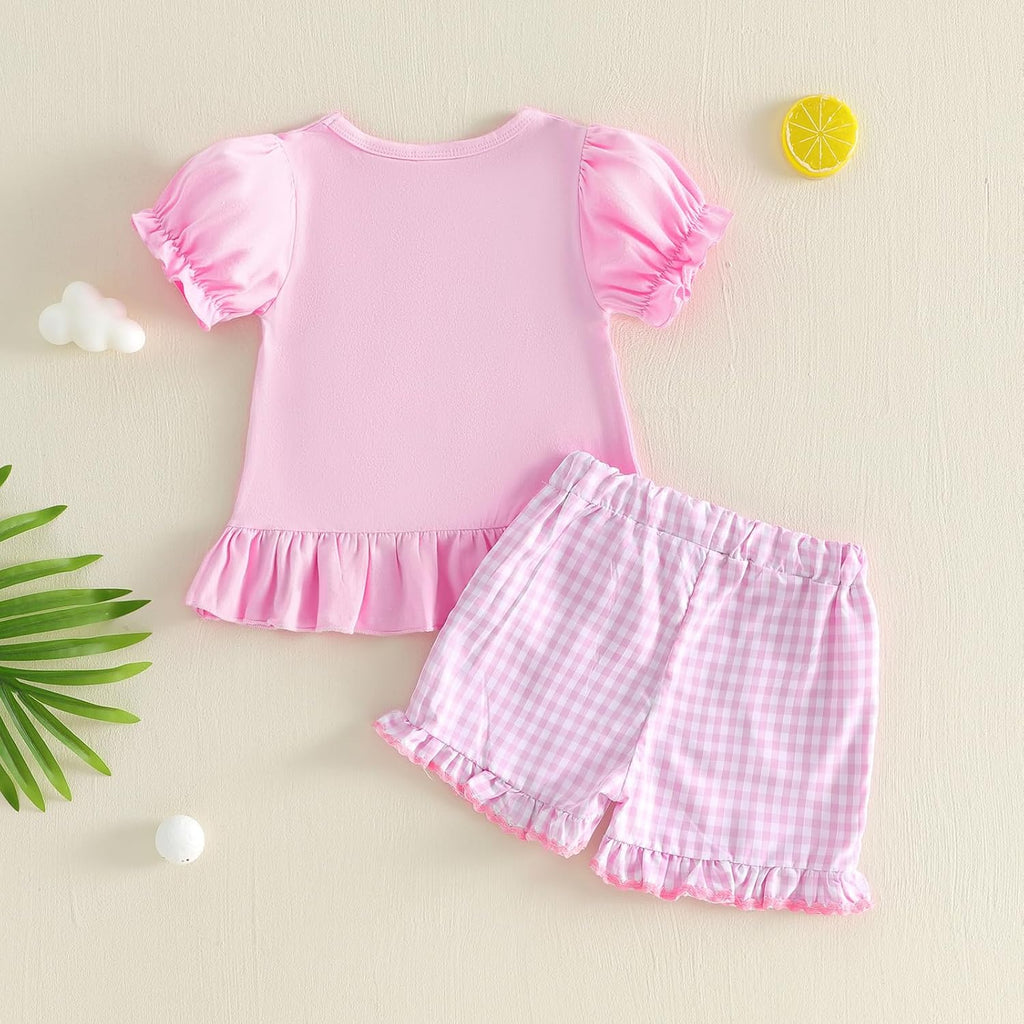 Toddler Baby Girl Golf Outfit Embroidered Ruffle Short Sleeve T Shirt Top Plaid Shorts 2 Piece Set Summer Clothes