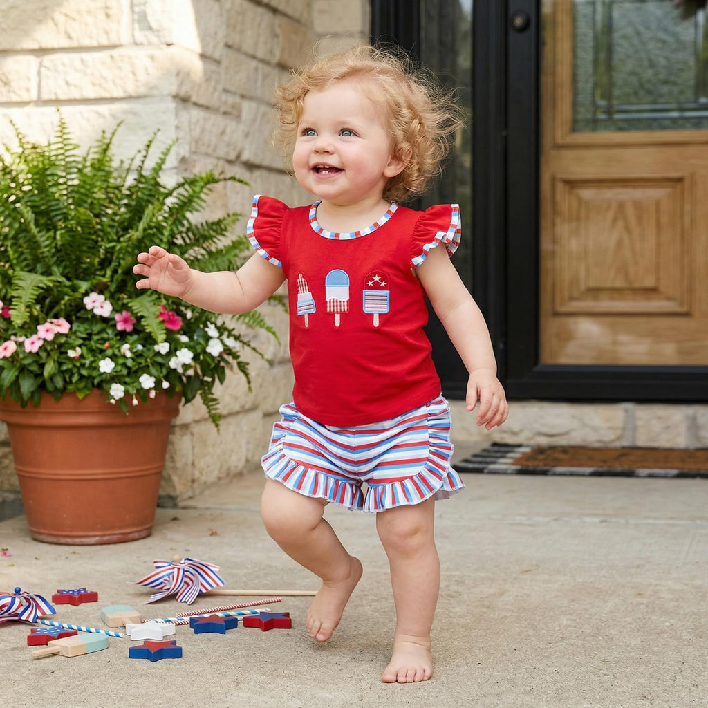 Toddler Girl 4th of July Outfit American Flag Embroidery T Shirt Top Ruffle Shorts Baby Independence Day Set 6M-4T