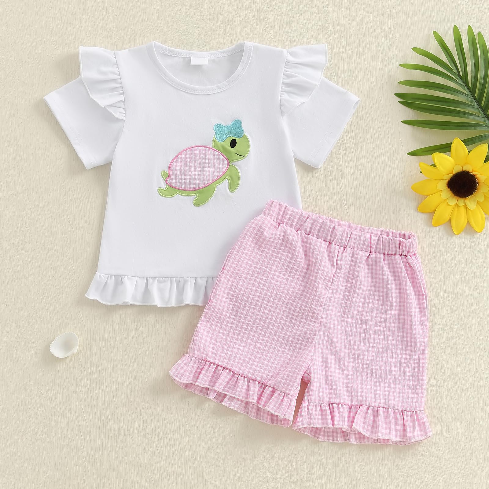 Toddler Baby Girl 2PCS Turtle Embroidered Short Sleeve Tops Elastic Waist Shorts Outfits Set