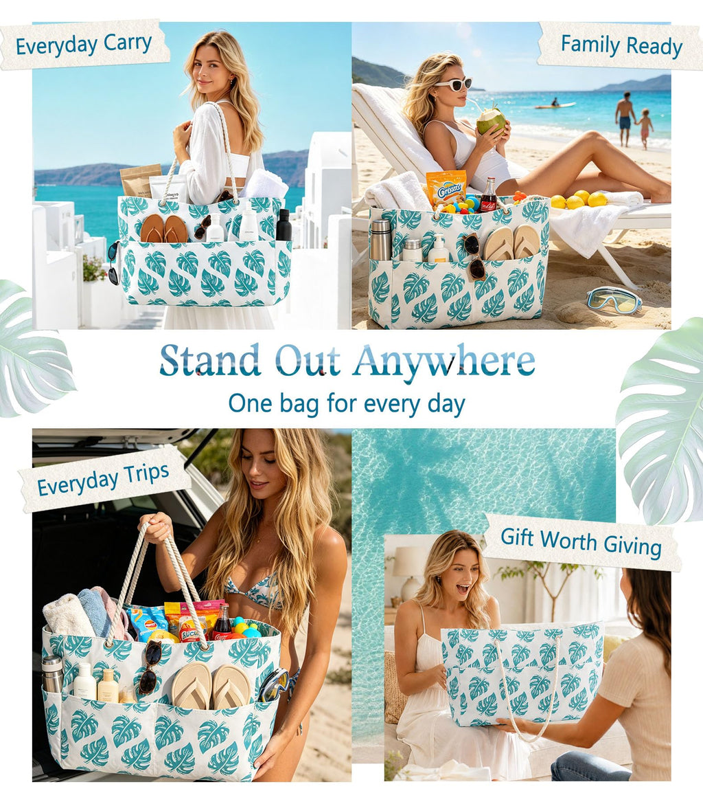 Aloha Coastal Beach Bag for Women, Large Beach Tote bag with Zipper & 5 Pockets, Waterproof Sandproof Canvas Tote