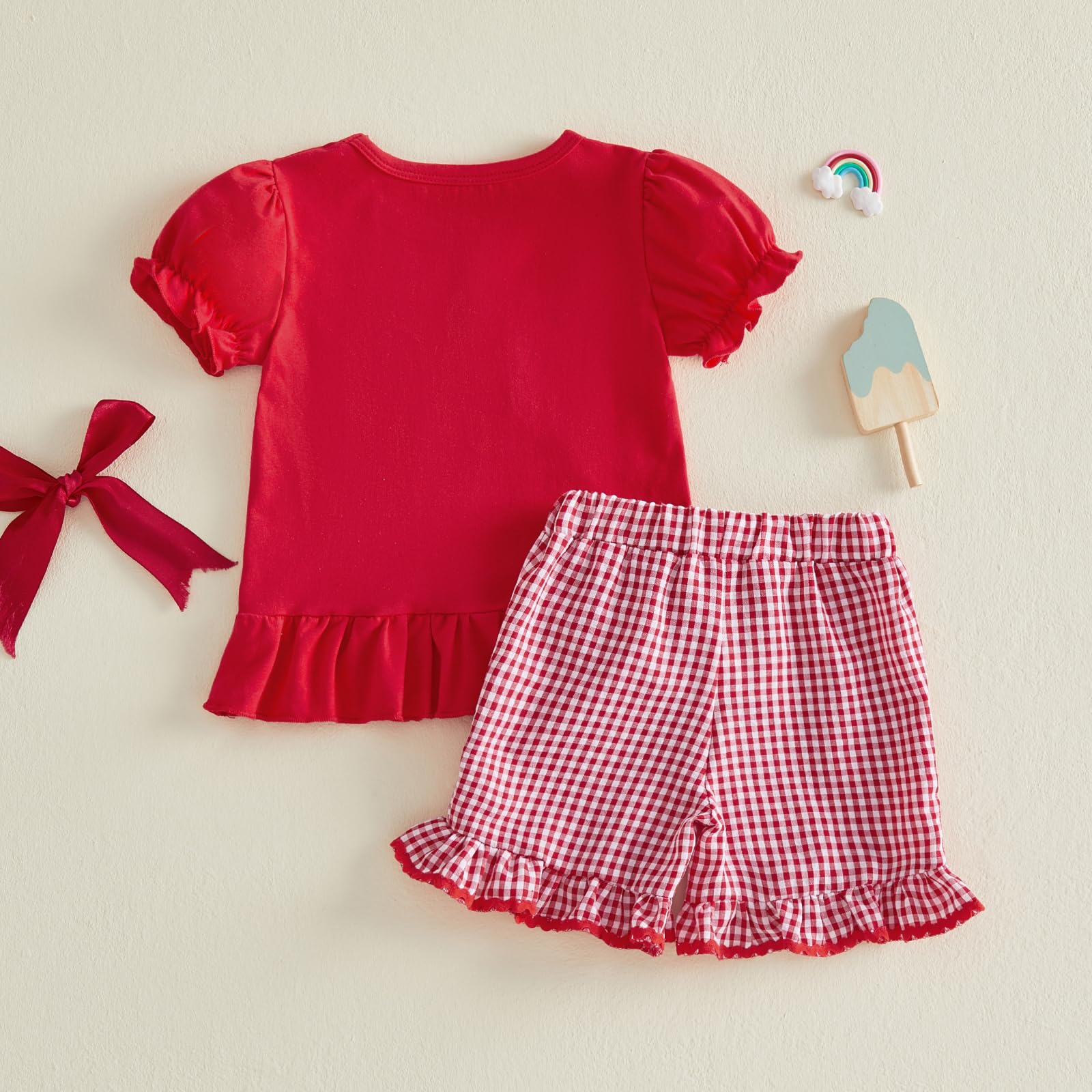 Karuedoo Toddler Baby Girl 4th of July Outfit Popsicle Embroidery Puff Sleeve Ruffle T Shirt Tops Plaid Shorts Set
