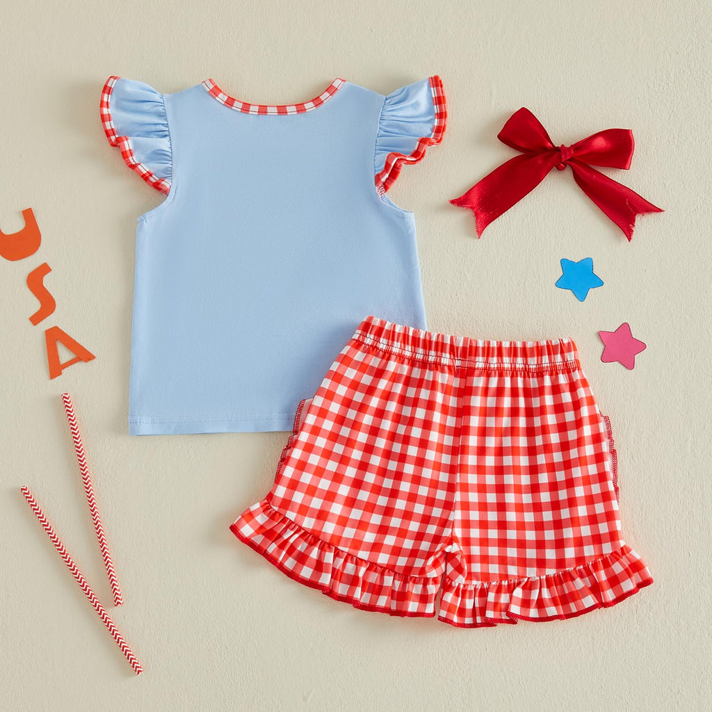 Toddler Girl 4th of July Outfit American Flag Embroidery T Shirt Top Ruffle Shorts Baby Independence Day Set 6M-4T