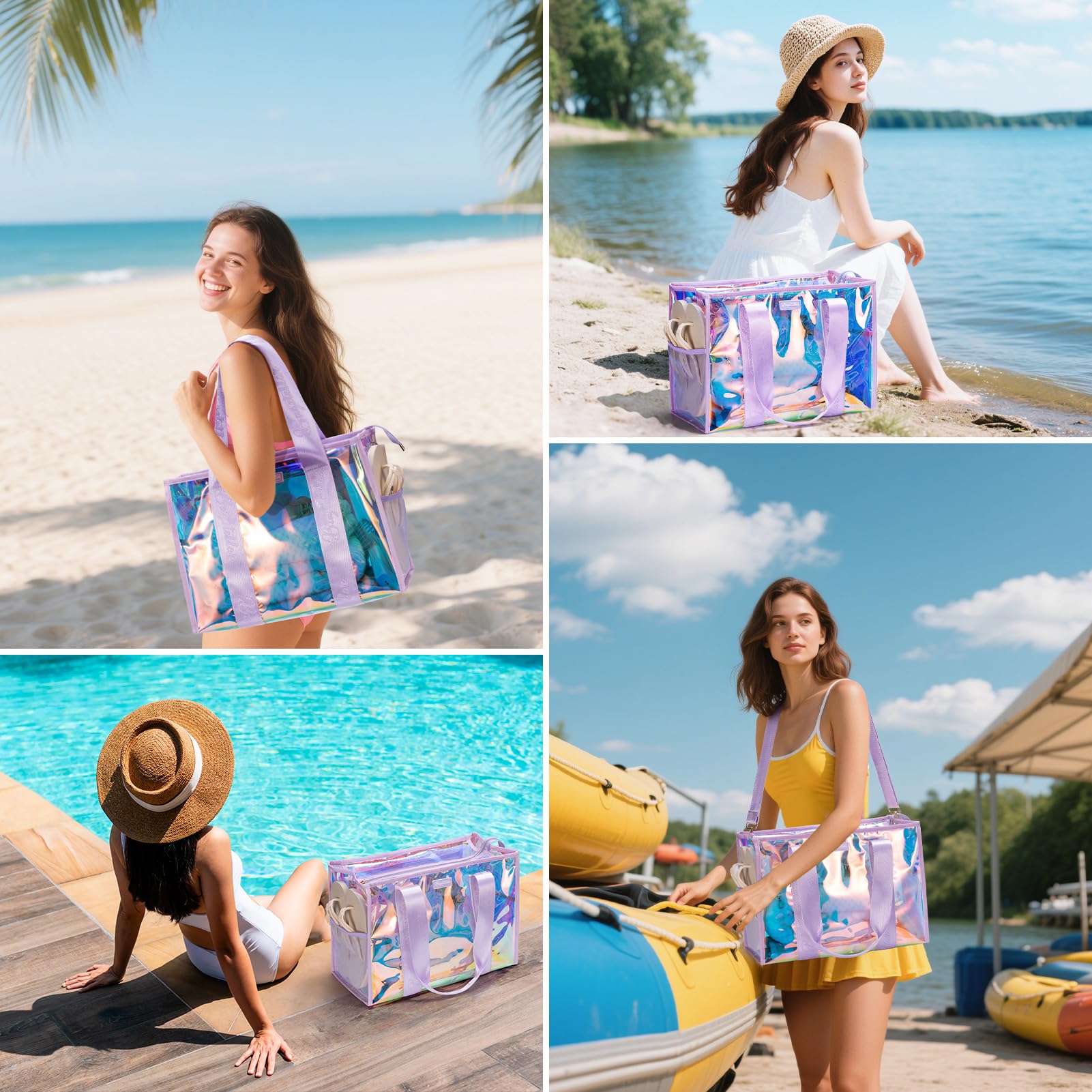 Bagstellar Iridescent Beach Tote Bags for Women, Large Zipper Beach Pool Swim Bag with Makeup Bag & Waterproof Phone Pouch | Waterproof Sandproof