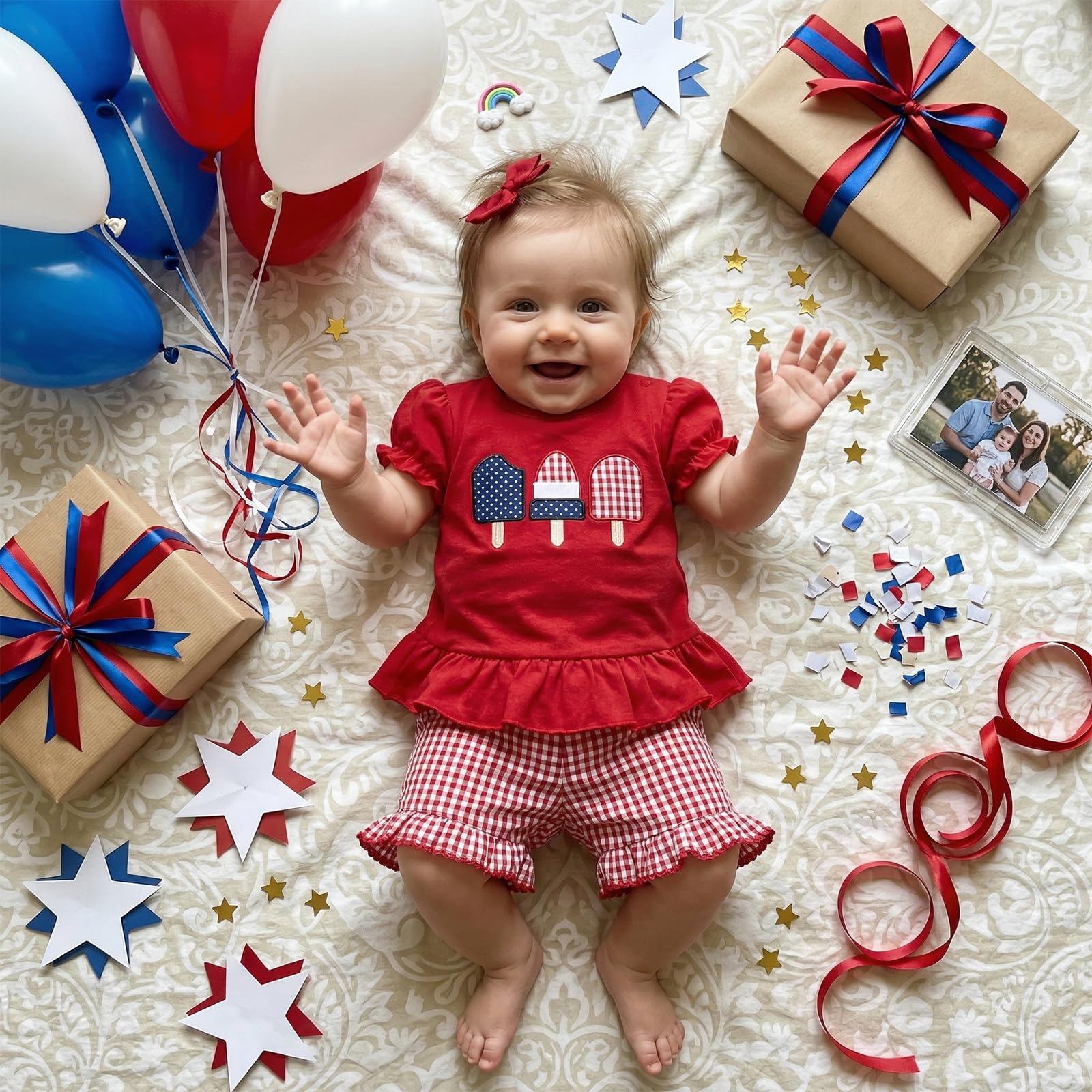 Karuedoo Toddler Baby Girl 4th of July Outfit Popsicle Embroidery Puff Sleeve Ruffle T Shirt Tops Plaid Shorts Set