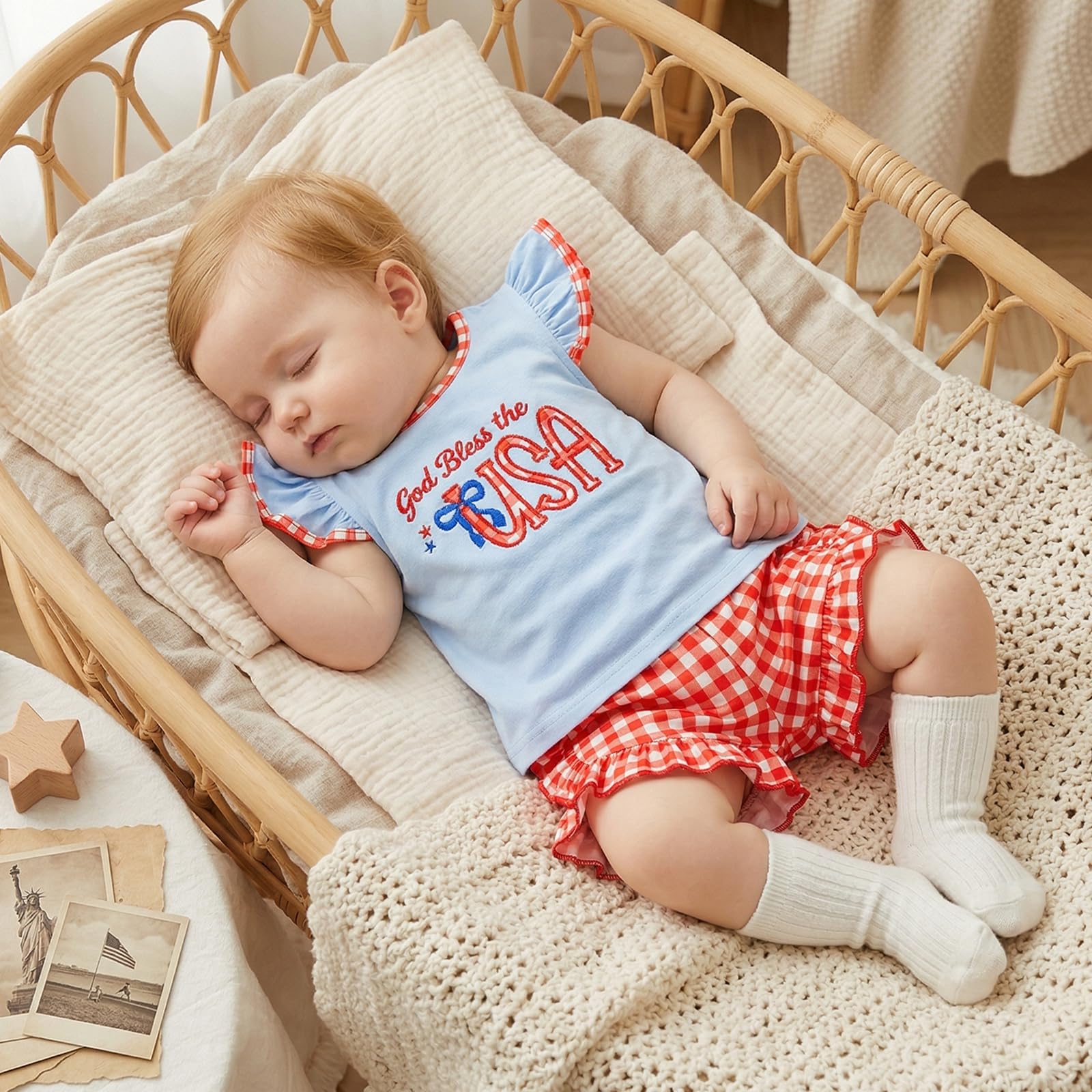 Toddler Girl 4th of July Outfit American Flag Embroidery T Shirt Top Ruffle Shorts Baby Independence Day Set 6M-4T