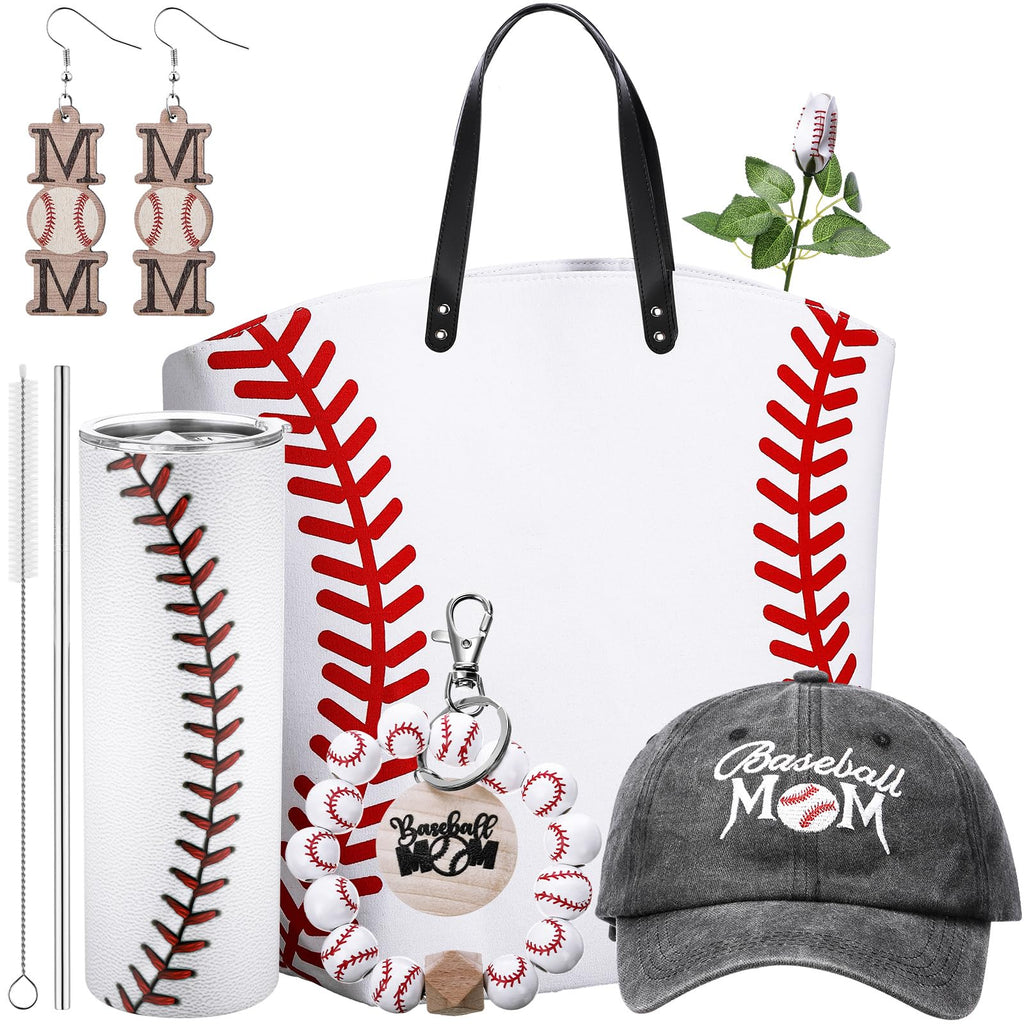 Sieral 6 Pcs Baseball Mom Gift Set Tote Bag Tumbler Hat Keychain, Mother's Day, Game & Birthday Day Gifts for Sports Mom
