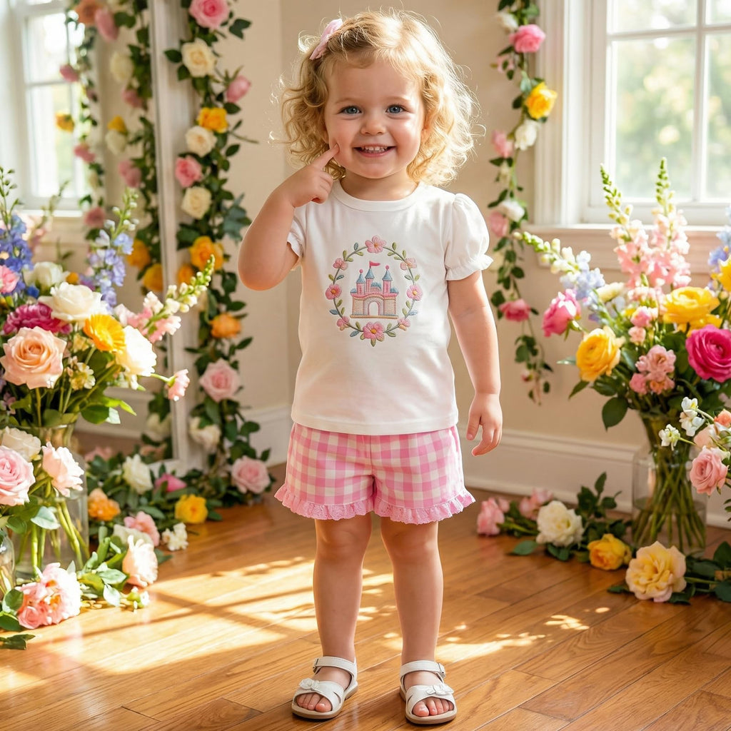 Toddler Baby Girl Summer Clothes Bow Castle T-Shirt Top Plaid Gingham Ruffle Shorts Set Infant Cake Smash Outfit