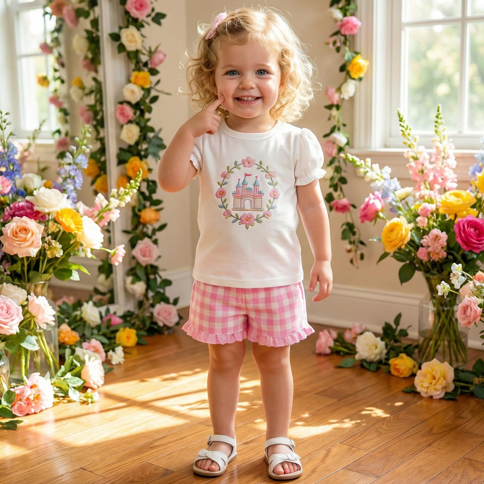 Toddler Baby Girl Summer Clothes Bow Castle T-Shirt Top Plaid Gingham Ruffle Shorts Set Infant Cake Smash Outfit