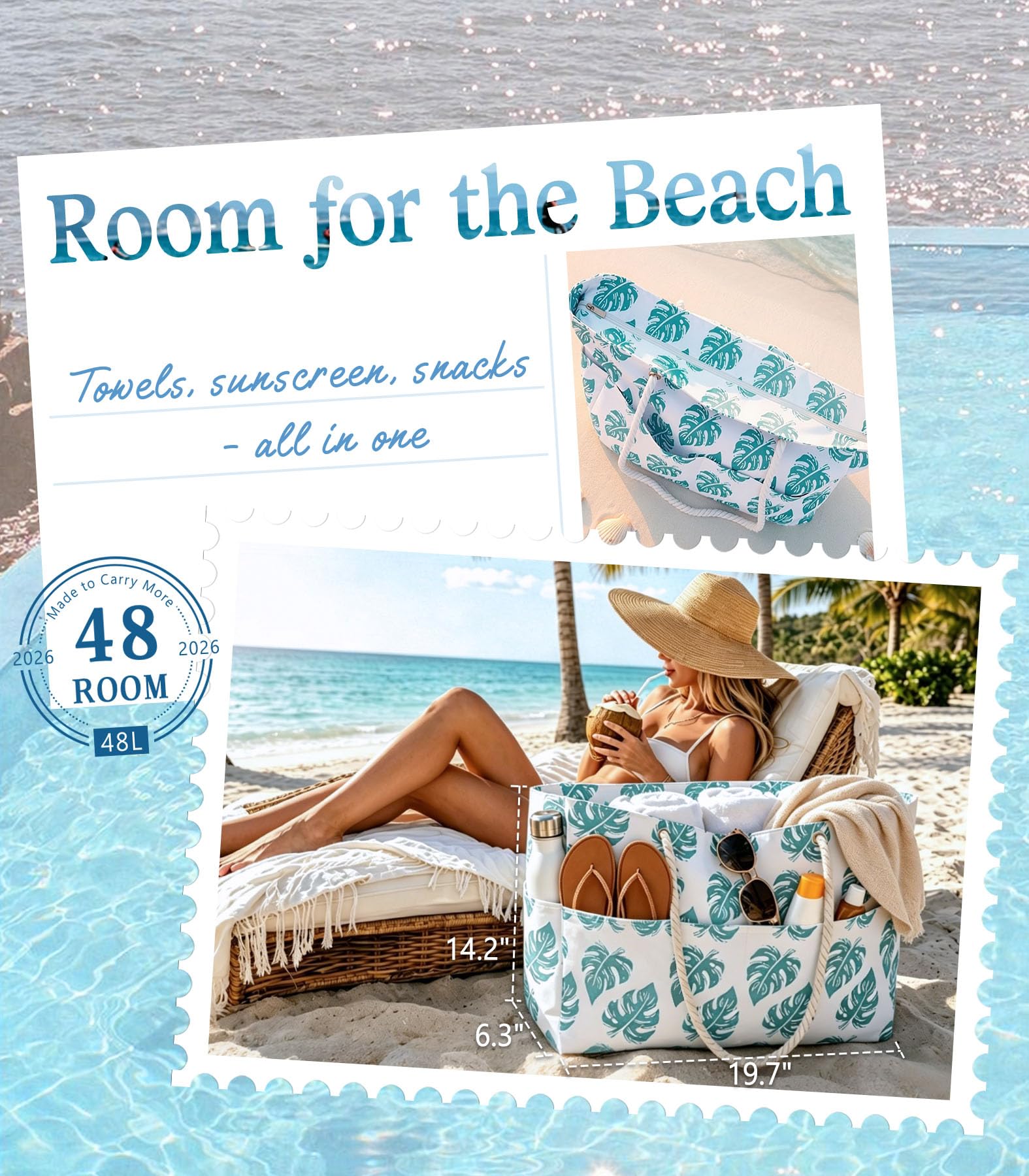 Aloha Coastal Beach Bag for Women, Large Beach Tote bag with Zipper & 5 Pockets, Waterproof Sandproof Canvas Tote