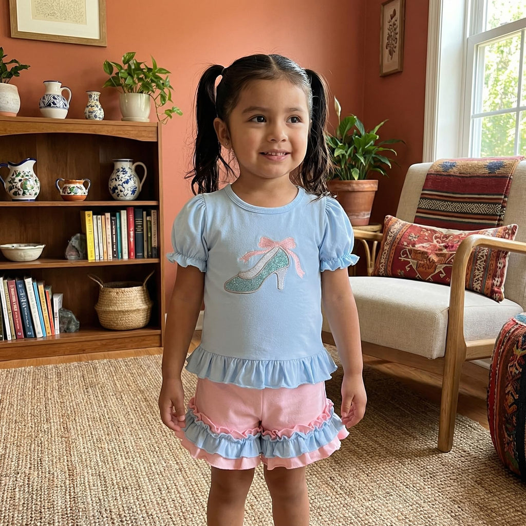 Toddler Baby Girl Summer Outfit Princess Car Embroidered Ruffled Puff Sleeve Tops Shorts Set 2Pcs Infant Clothes