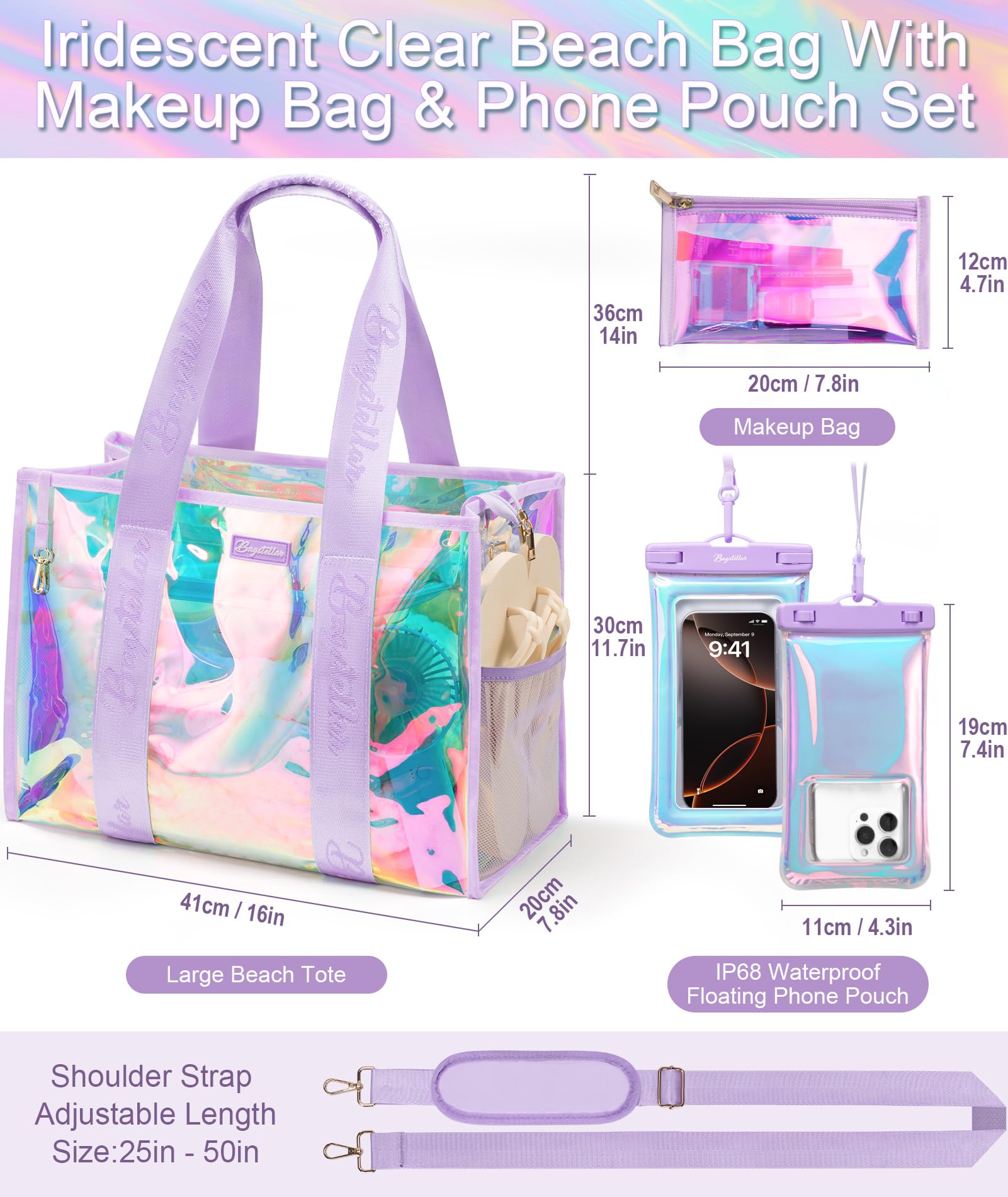 Bagstellar Iridescent Beach Tote Bags for Women, Large Zipper Beach Pool Swim Bag with Makeup Bag & Waterproof Phone Pouch | Waterproof Sandproof