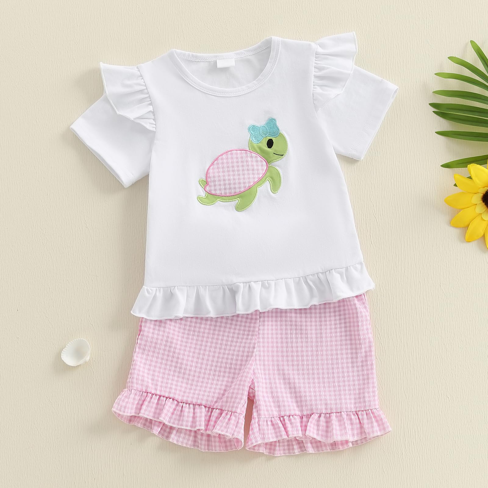 Toddler Baby Girl 2PCS Turtle Embroidered Short Sleeve Tops Elastic Waist Shorts Outfits Set