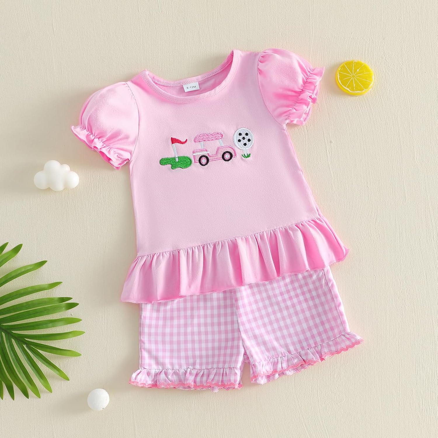 Toddler Baby Girl Golf Outfit Embroidered Ruffle Short Sleeve T Shirt Top Plaid Shorts 2 Piece Set Summer Clothes