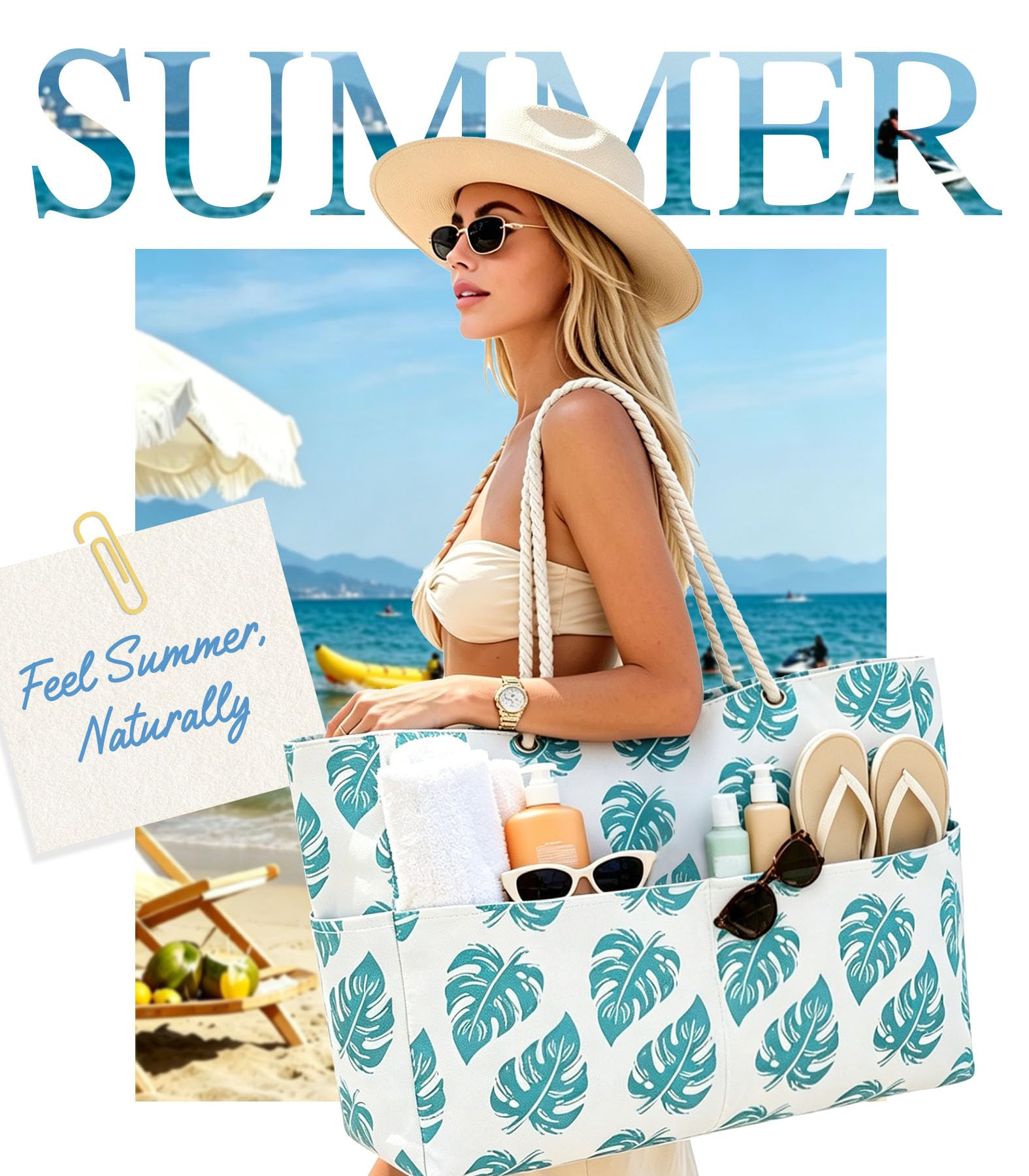Aloha Coastal Beach Bag for Women, Large Beach Tote bag with Zipper & 5 Pockets, Waterproof Sandproof Canvas Tote