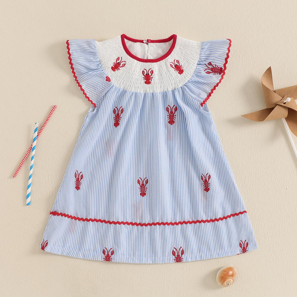 Toddler Baby Girl Crawfish Smocked Ruffle Short Sleeve Dress Lobster Plaid Princess Dresses Summer Outfits