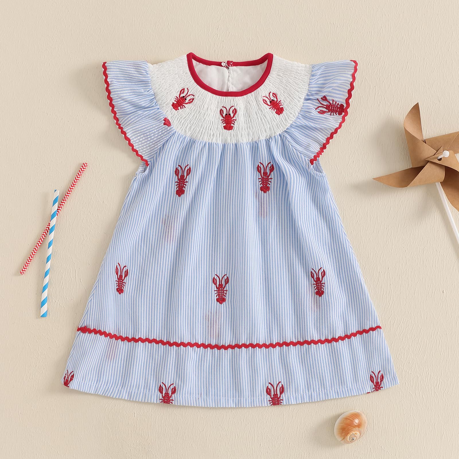 Toddler Baby Girl Crawfish Smocked Ruffle Short Sleeve Dress Lobster Plaid Princess Dresses Summer Outfits