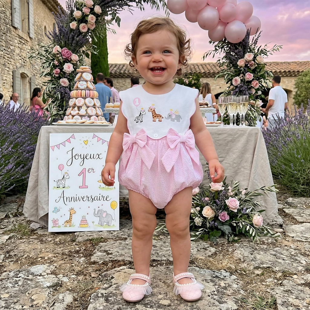 Toddler Baby Girl Birthday Outfit One Cake/Ice Cream/Animal Embroidery Romper Bow Stripe Bodysuit Cake Smash Outfit