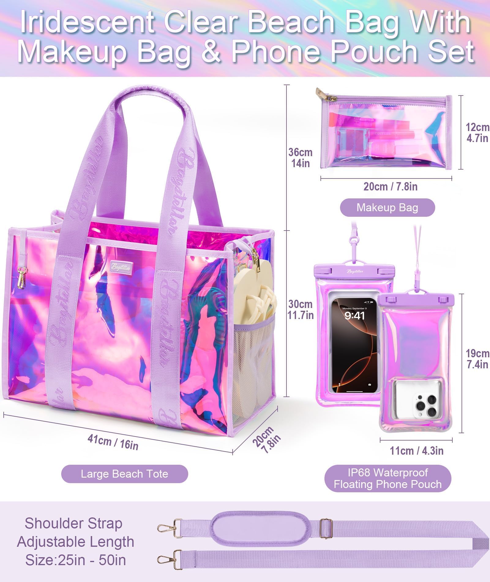 Bagstellar Iridescent Beach Tote Bags for Women, Large Zipper Beach Pool Swim Bag with Makeup Bag & Waterproof Phone Pouch | Waterproof Sandproof