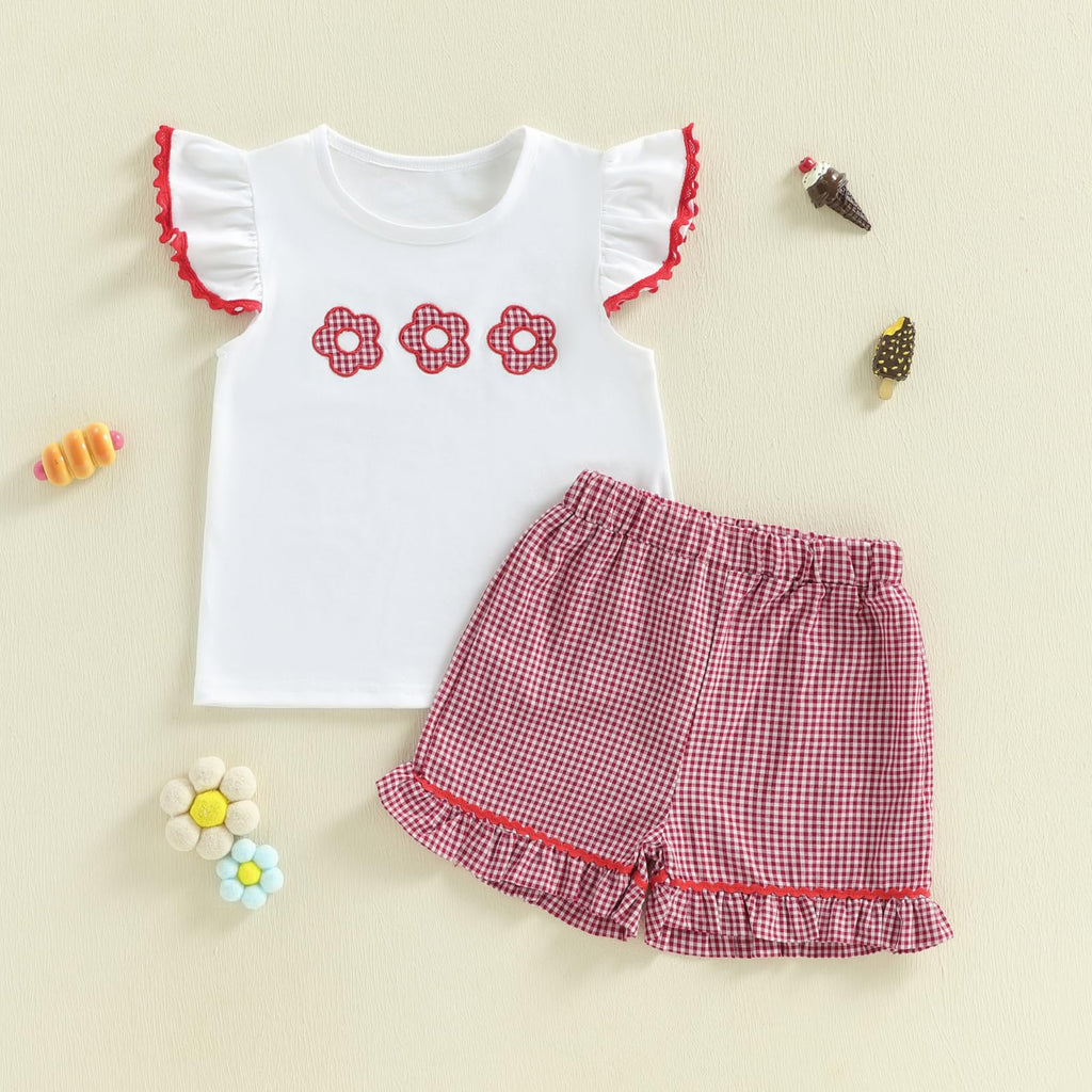 Toddler Baby Girl Outfit Summer Fly Sleeve Dessert House/Floral Embroidery T-shirt Top Shorts Pants 2PCS Clothes Set