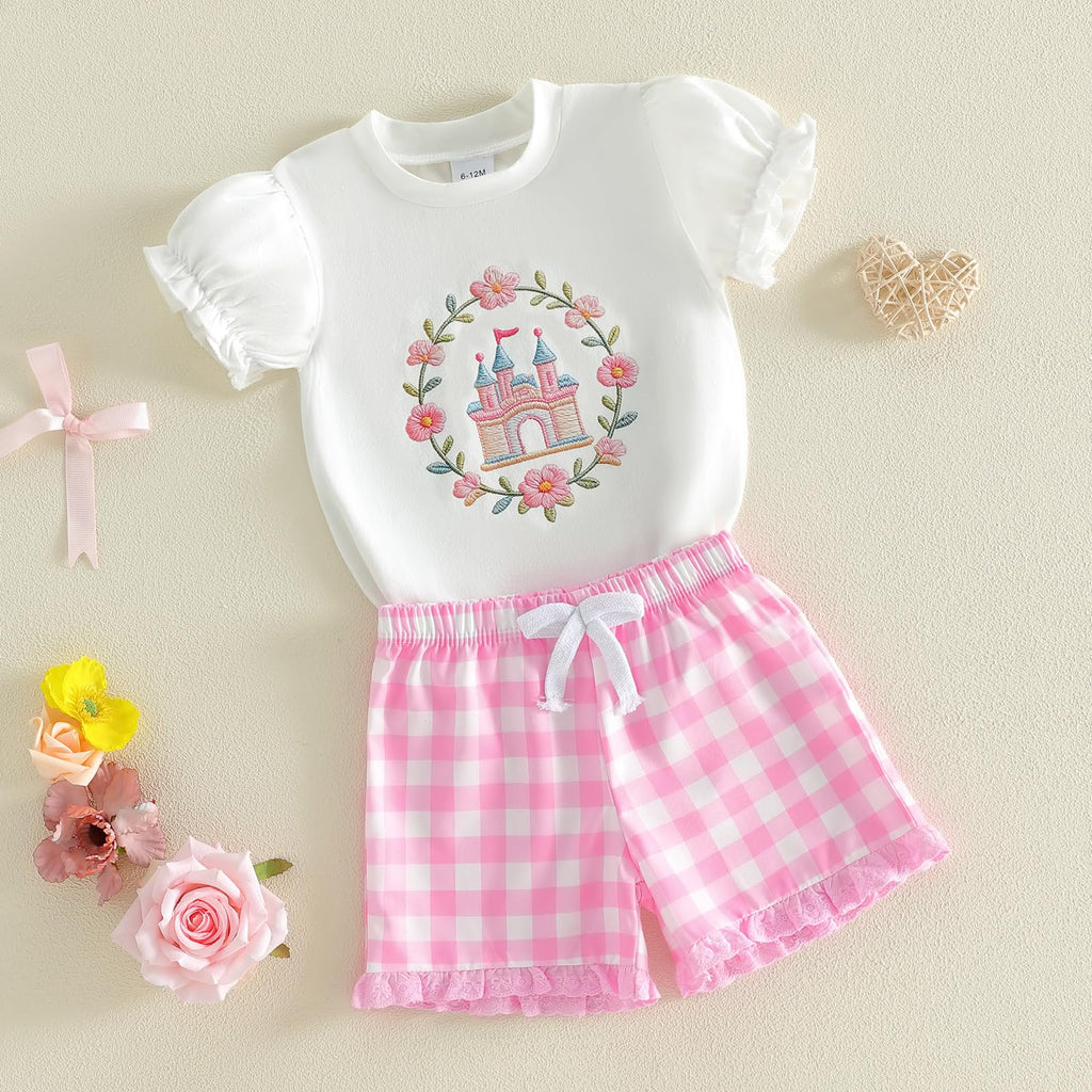Toddler Baby Girl Summer Clothes Bow Castle T-Shirt Top Plaid Gingham Ruffle Shorts Set Infant Cake Smash Outfit