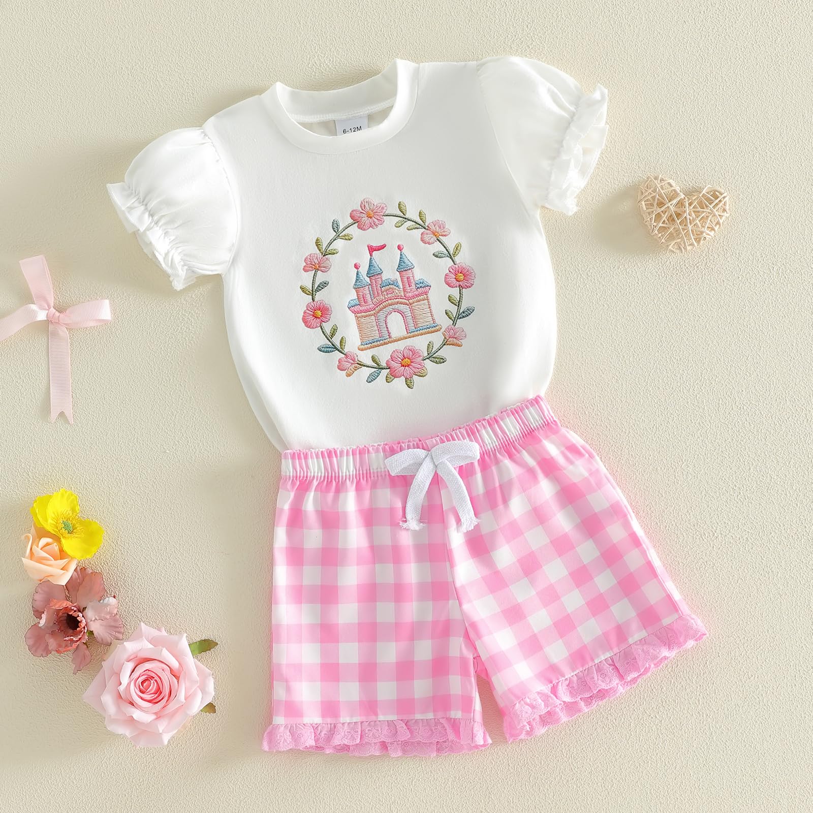 Toddler Baby Girl Summer Clothes Bow Castle T-Shirt Top Plaid Gingham Ruffle Shorts Set Infant Cake Smash Outfit