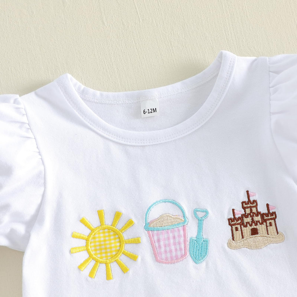 Bagilaanoe Toddler Baby Girl Puff Short Sleeve T-Shirt+ Plaid Shorts Castle/Lineworker Embroidery Clothes 2PCS Outfit Set