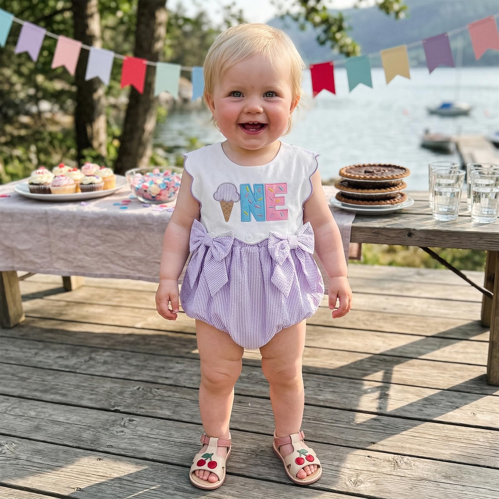 Toddler Baby Girl Birthday Outfit One Cake/Ice Cream/Animal Embroidery Romper Bow Stripe Bodysuit Cake Smash Outfit