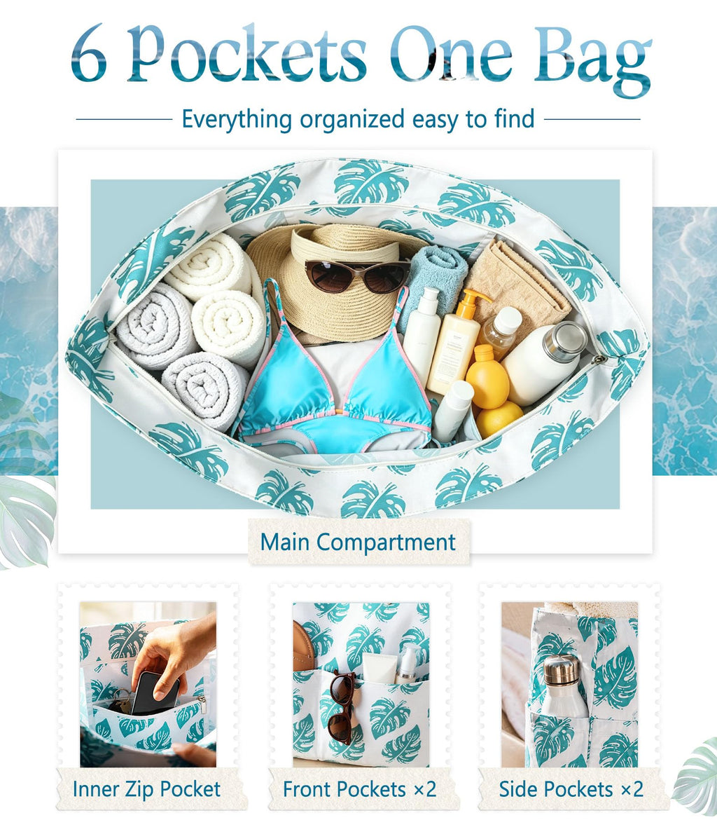 Aloha Coastal Beach Bag for Women, Large Beach Tote bag with Zipper & 5 Pockets, Waterproof Sandproof Canvas Tote
