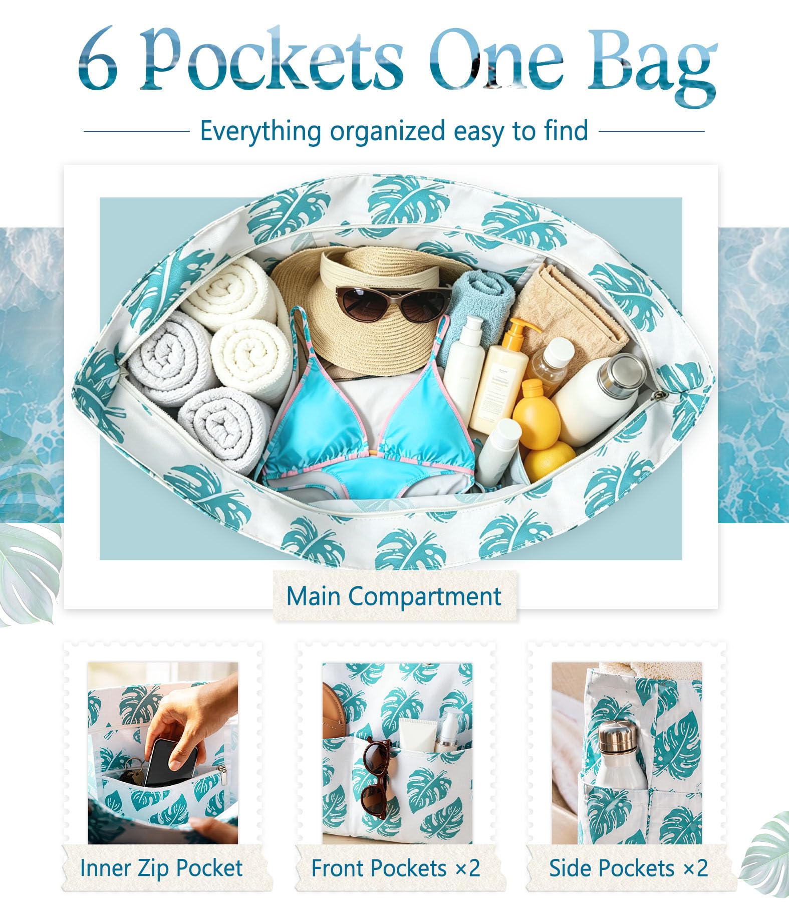 Aloha Coastal Beach Bag for Women, Large Beach Tote bag with Zipper & 5 Pockets, Waterproof Sandproof Canvas Tote